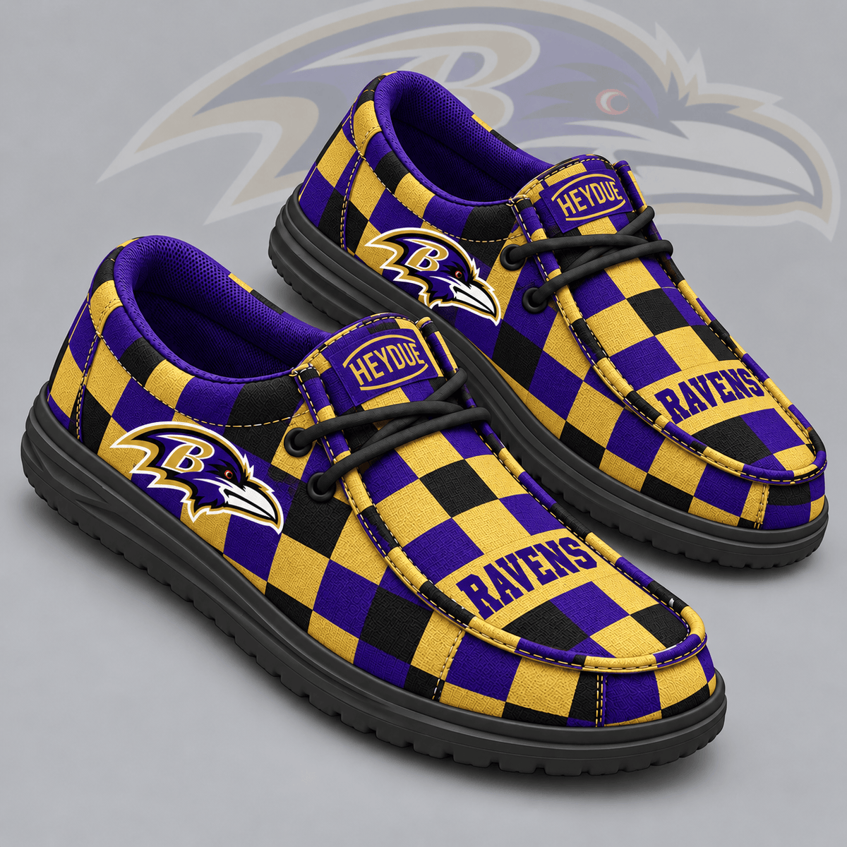 Baltimore Ravens | Premium NFL Bold Buffalo Check Plaid HEYDUDE Casual Loafers With Team Logo And Lightweight Comfort Sole NDN cover