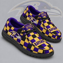 Baltimore Ravens | Premium NFL Bold Buffalo Check Plaid HEYDUDE Casual Loafers With Team Logo And Lightweight Comfort Sole NDN cover