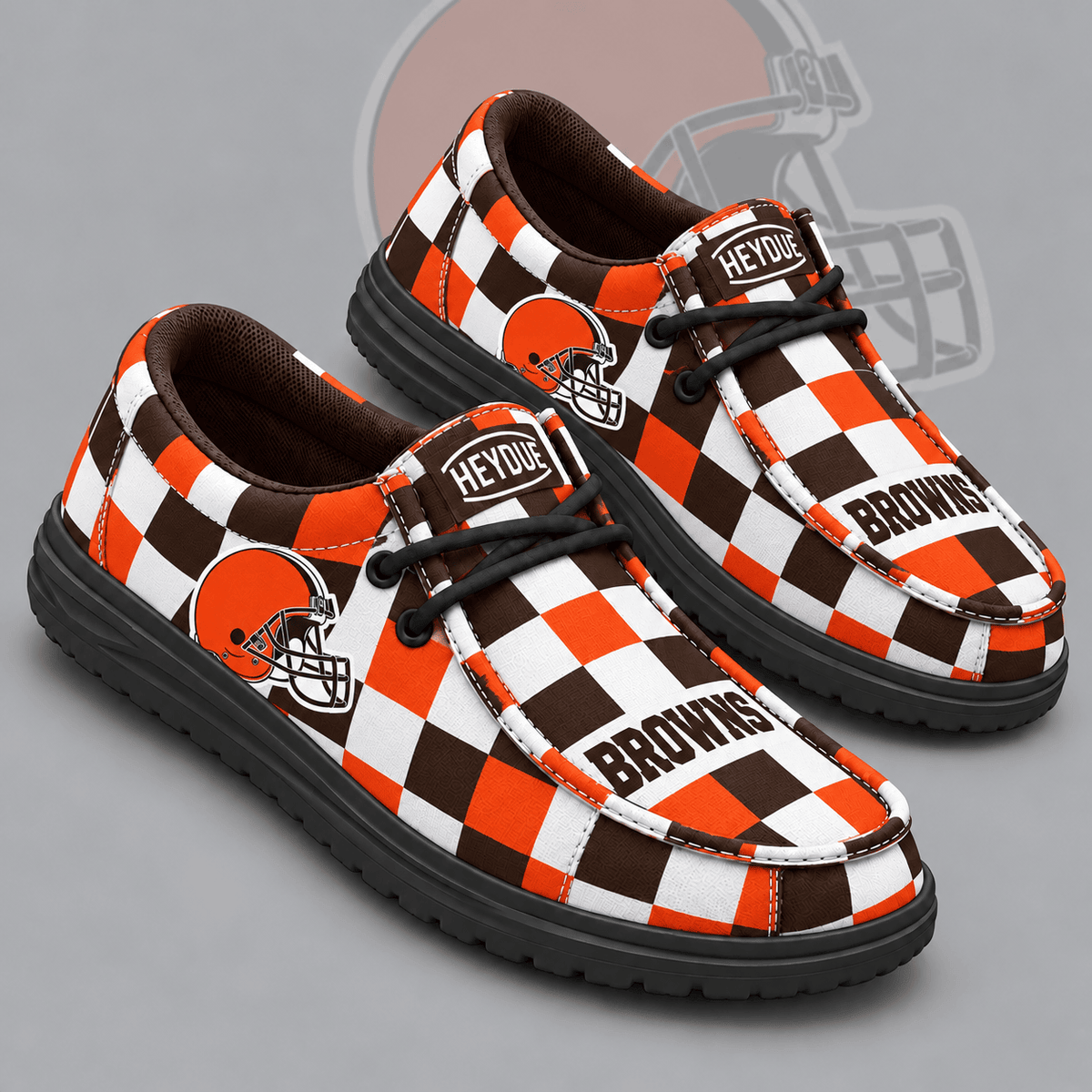 Cleveland Browns | Premium NFL Bold Buffalo Check Plaid HEYDUDE Casual Loafers With Team Logo And Lightweight Comfort Sole NDN cover