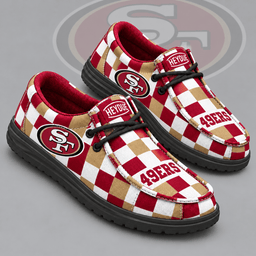 San Francisco 49ers | Premium NFL Bold Buffalo Check Plaid HEYDUDE Casual Loafers With Team Logo And Lightweight Comfort Sole NDN cover