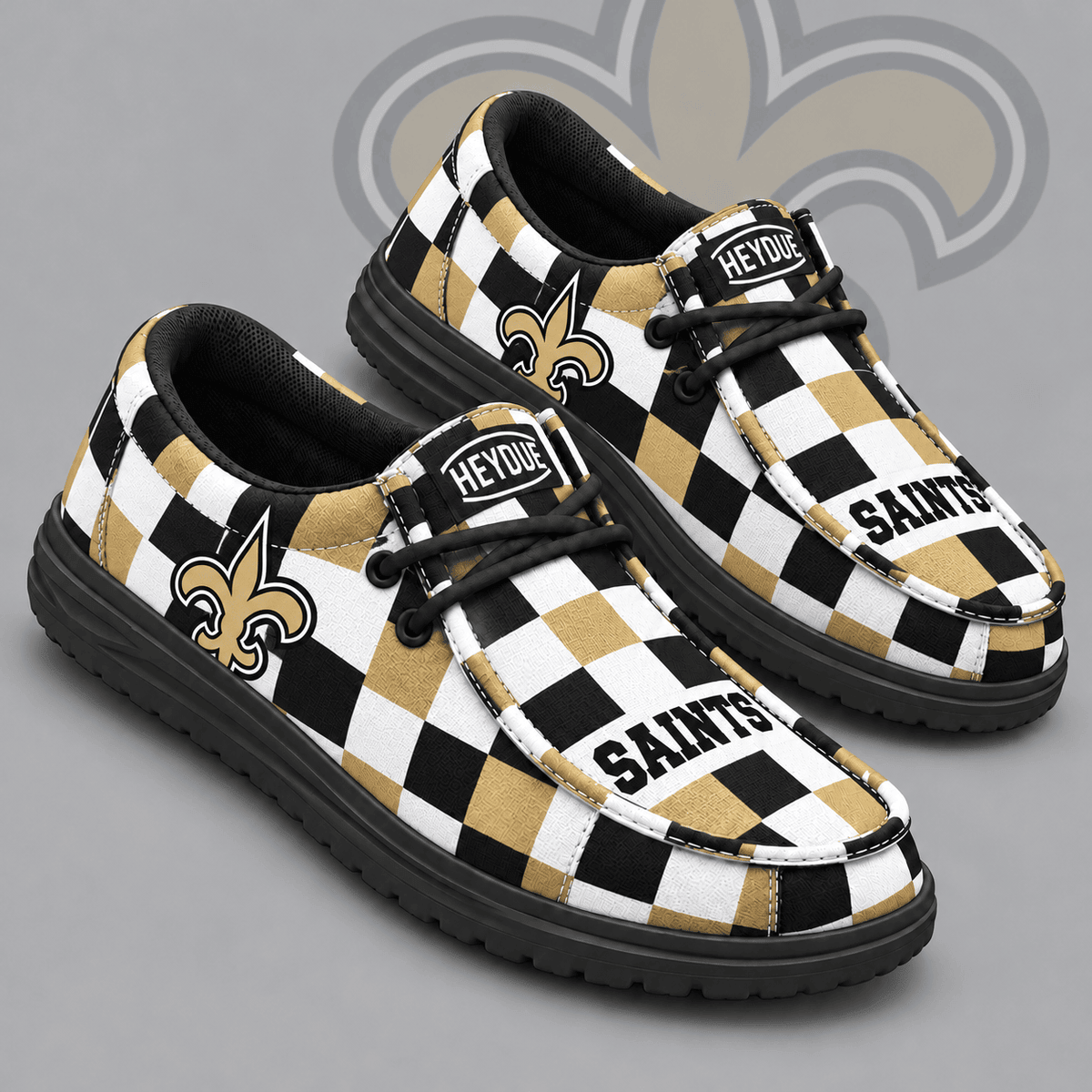 New Orleans Saints | Premium NFL Bold Buffalo Check Plaid HEYDUDE Casual Loafers With Team Logo And Lightweight Comfort Sole NDN cover