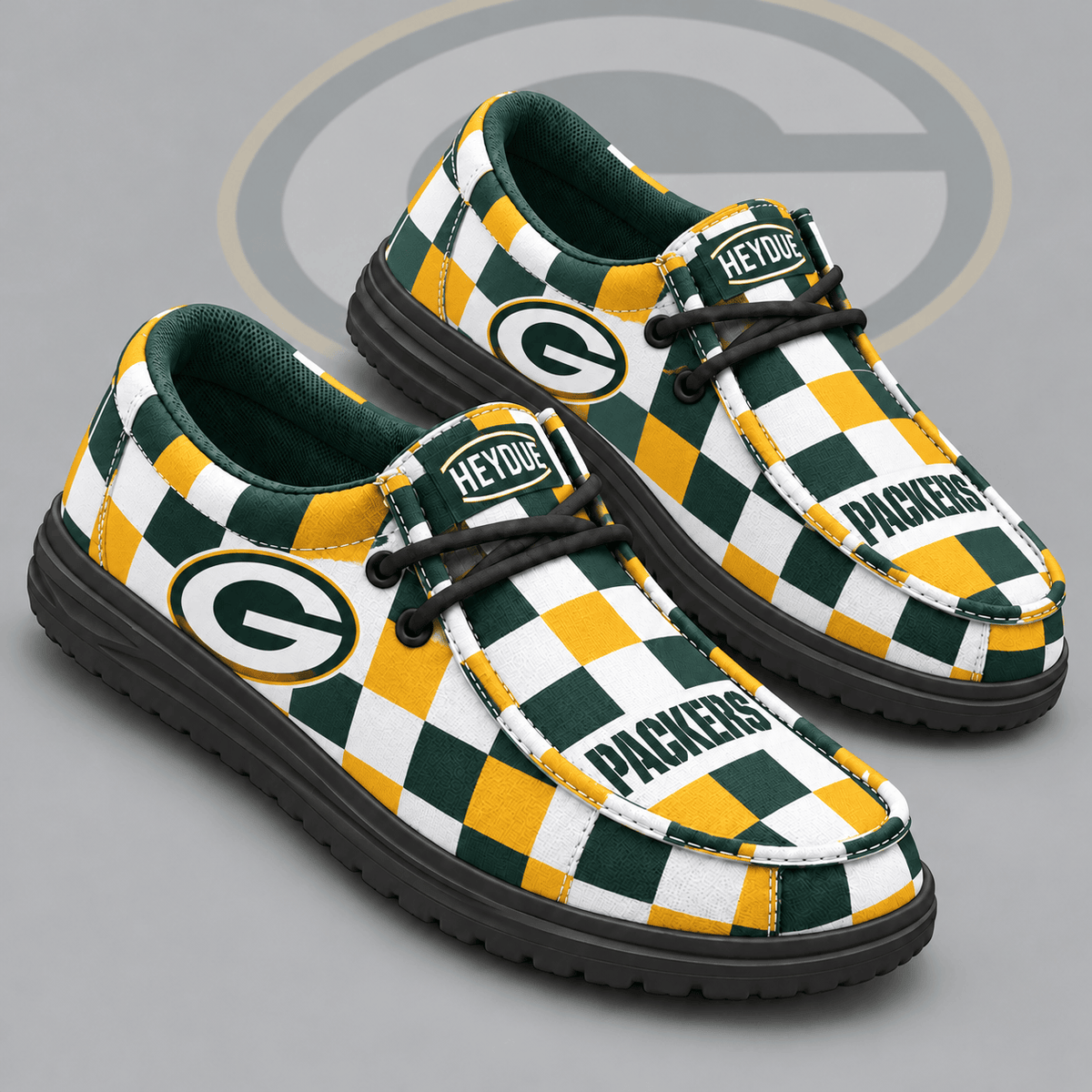 Green Bay Packers | Premium NFL Bold Buffalo Check Plaid HEYDUDE Casual Loafers With Team Logo And Lightweight Comfort Sole NDN cover