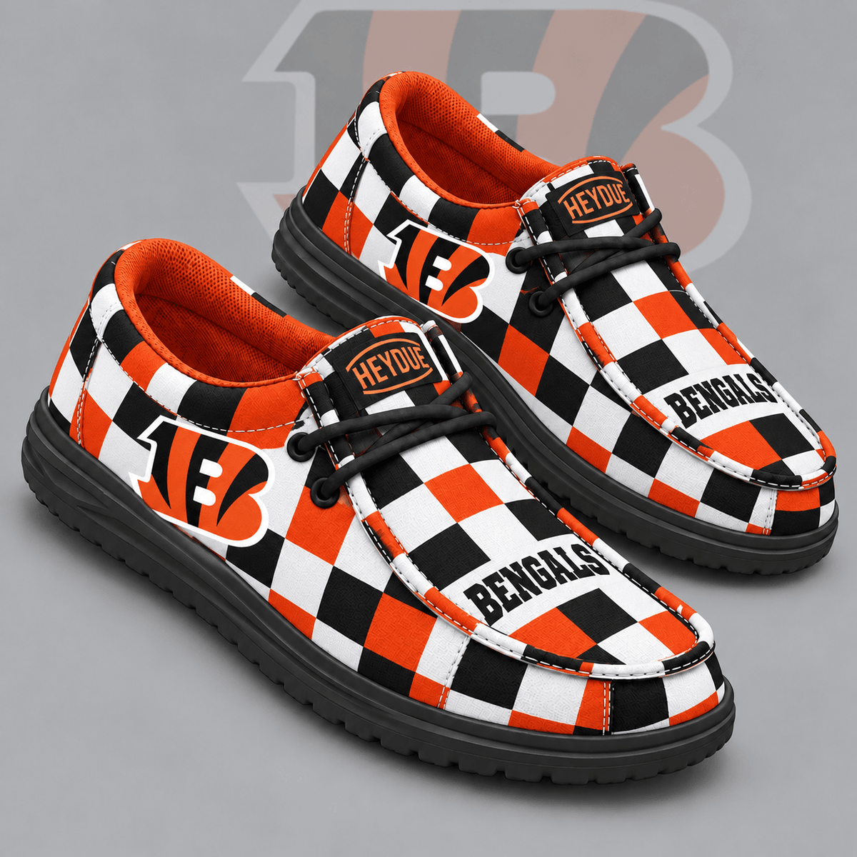 Cincinnati Bengals | Premium NFL Bold Buffalo Check Plaid HEYDUDE Casual Loafers With Team Logo And Lightweight Comfort Sole NDN cover