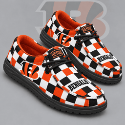 Cincinnati Bengals | Premium NFL Bold Buffalo Check Plaid HEYDUDE Casual Loafers With Team Logo And Lightweight Comfort Sole NDN cover