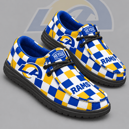 Los Angeles Rams | Premium NFL Bold Buffalo Check Plaid HEYDUDE Casual Loafers With Team Logo And Lightweight Comfort Sole NDN cover