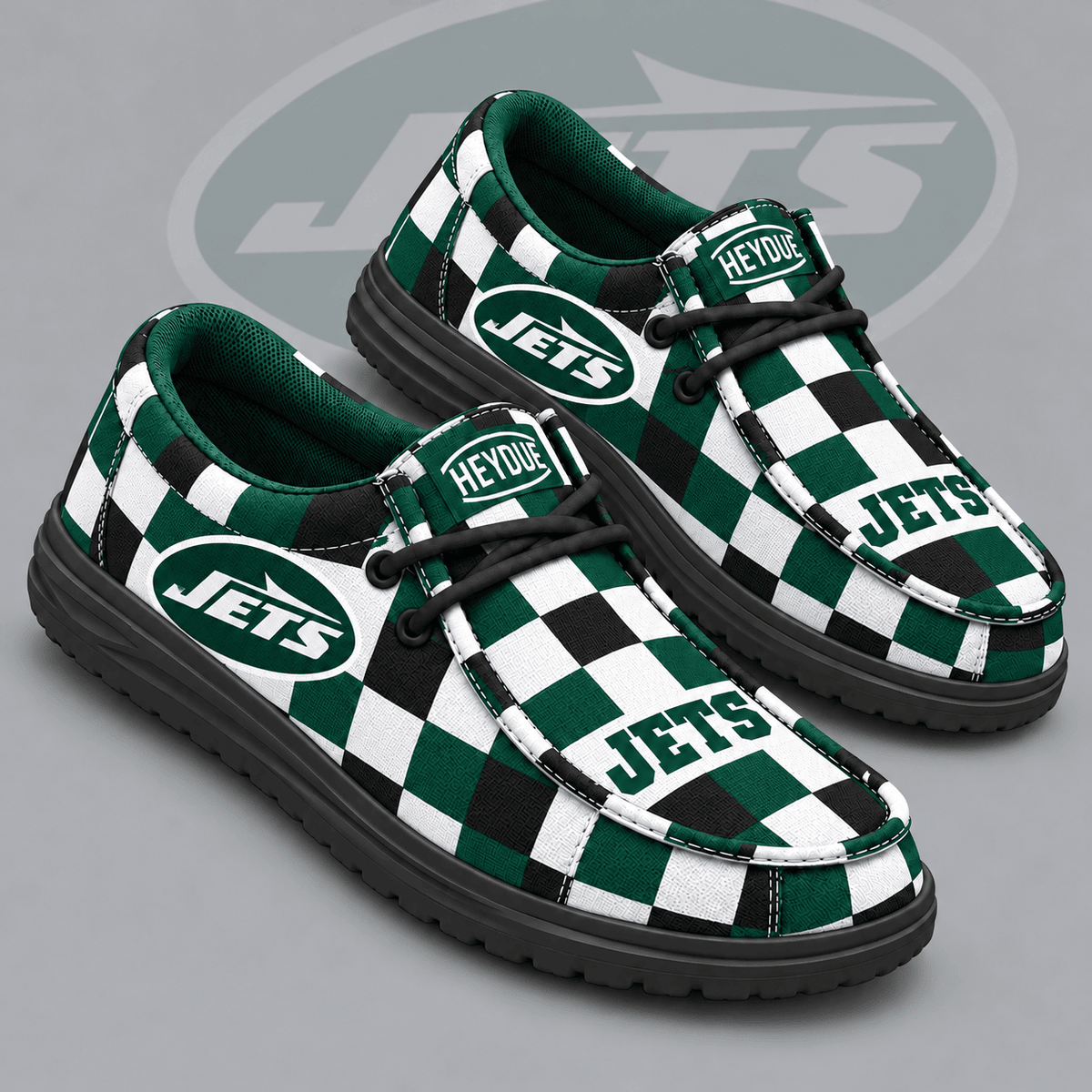 New York Jets | Premium NFL Bold Buffalo Check Plaid HEYDUDE Casual Loafers With Team Logo And Lightweight Comfort Sole NDN cover
