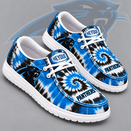 Carolina Panthers | Premium NFL Spiral Tie Dye Print HEYDUDE Casual Loafers With Team Logo And Lightweight Comfort Sole NDN cover