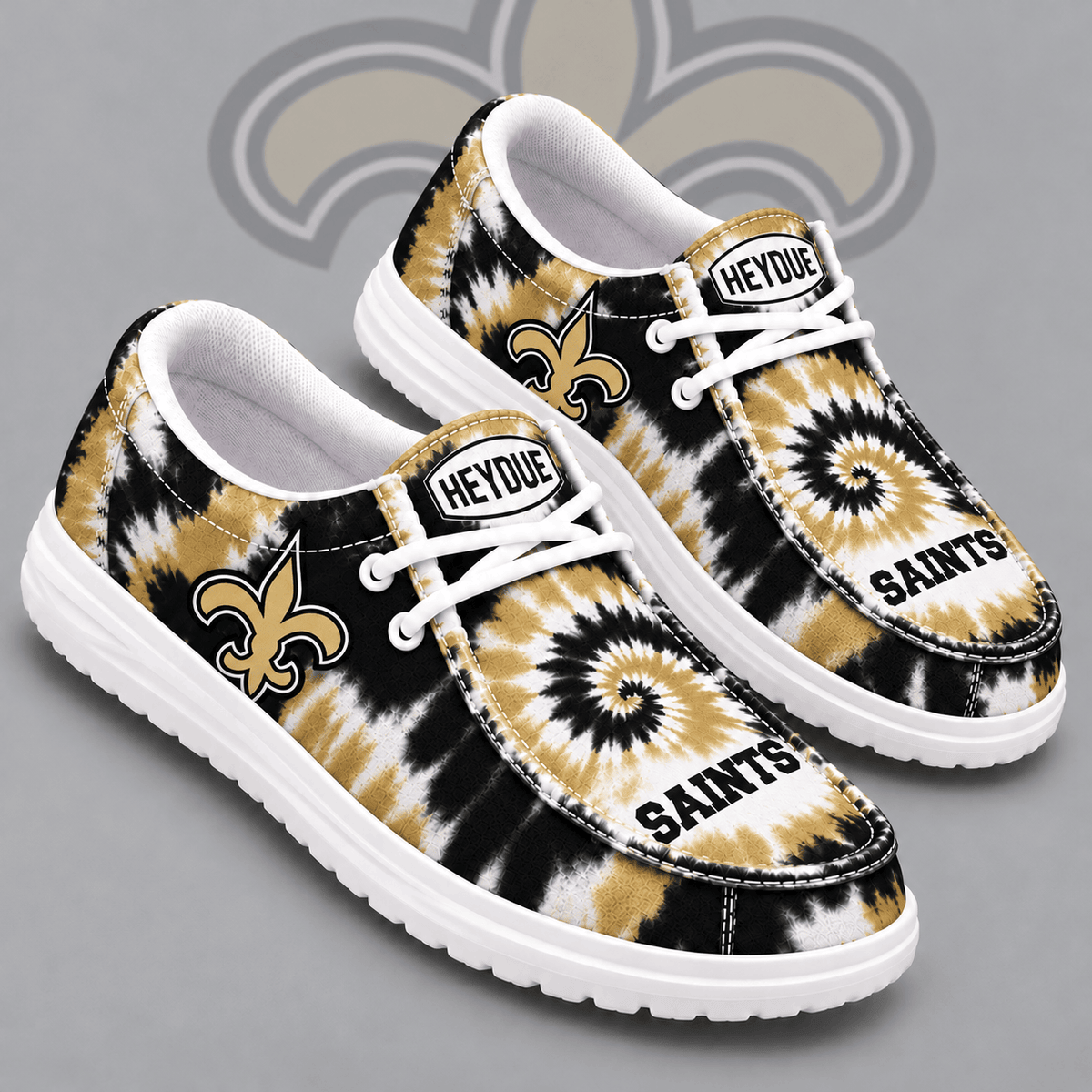 New Orleans Saints | Premium NFL Spiral Tie Dye Print HEYDUDE Casual Loafers With Team Logo And Lightweight Comfort Sole NDN cover