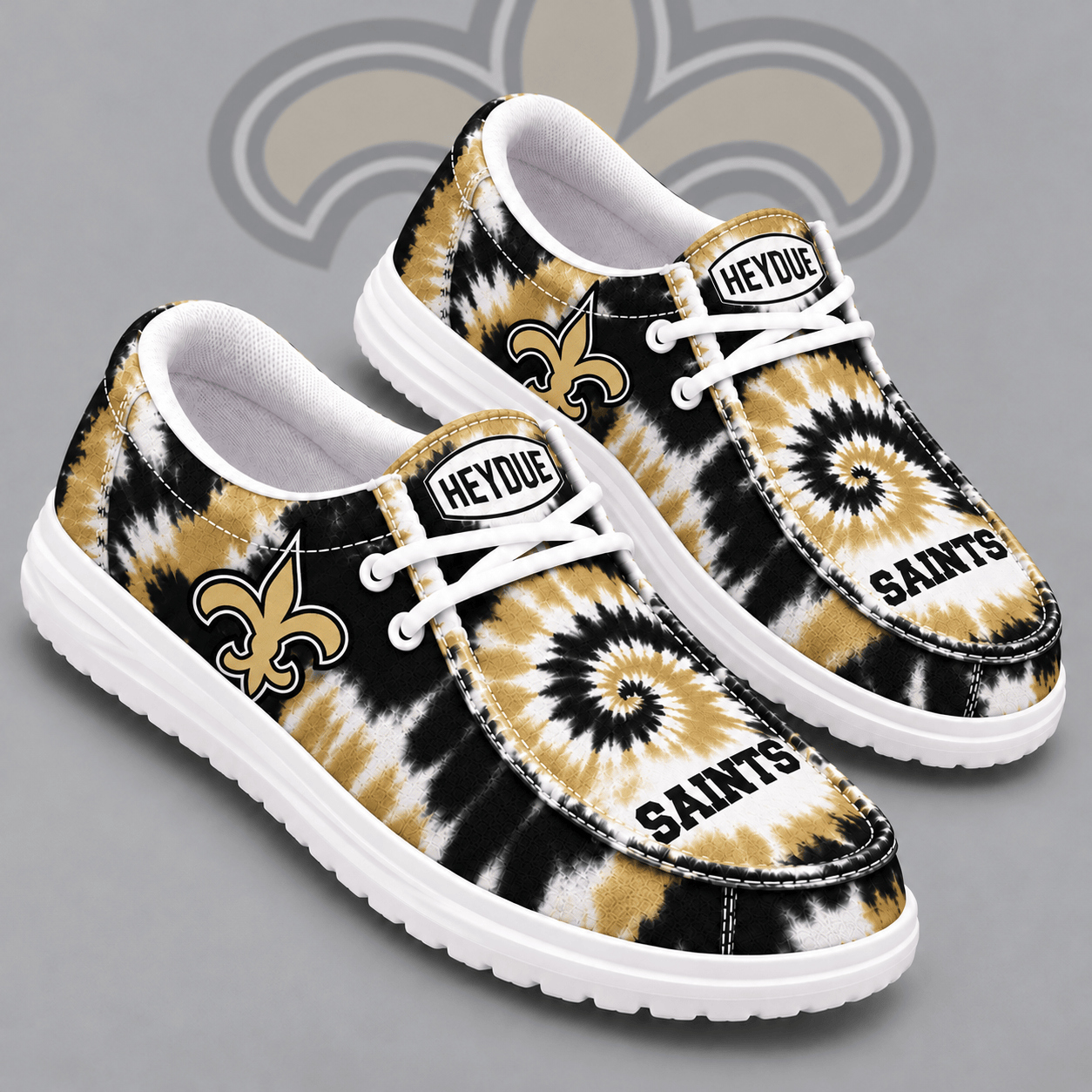 New Orleans Saints | Premium NFL Spiral Tie Dye Print HEYDUDE Casual Loafers With Team Logo And Lightweight Comfort Sole NDN cover