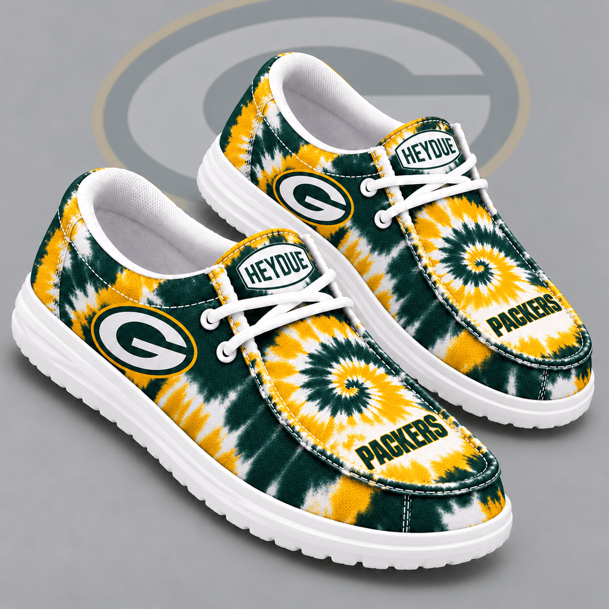 Green Bay Packers | Premium NFL Spiral Tie Dye Print HEYDUDE Casual Loafers With Team Logo And Lightweight Comfort Sole NDN cover
