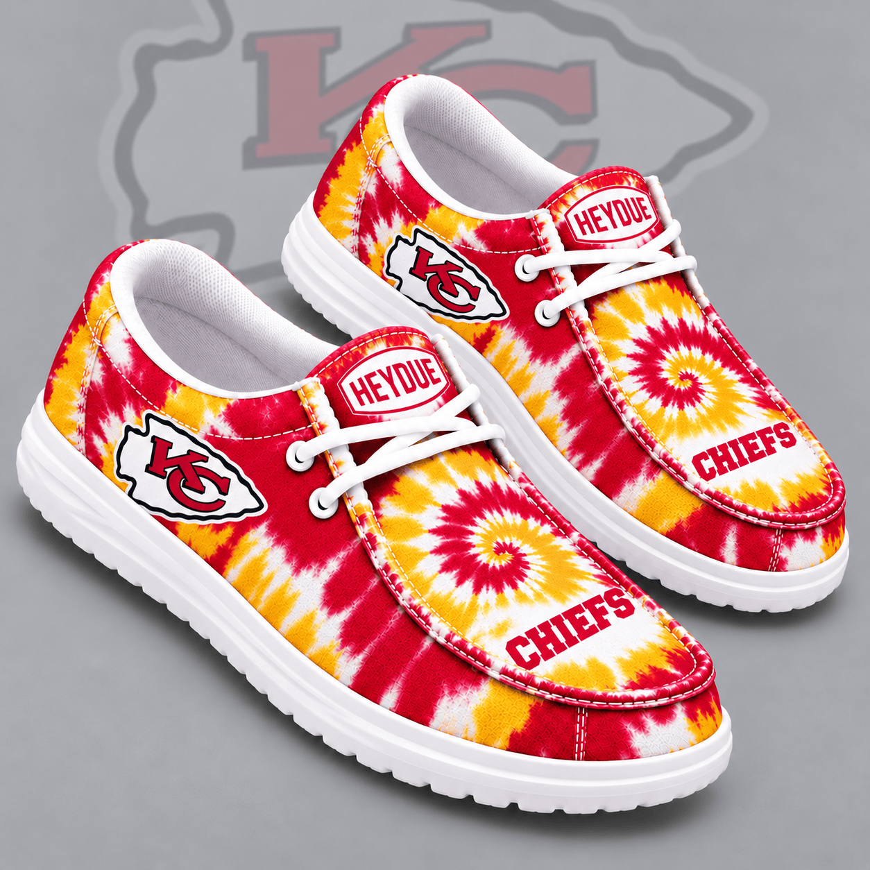 Kansas City Chiefs | Premium NFL Spiral Tie Dye Print HEYDUDE Casual Loafers With Team Logo And Lightweight Comfort Sole NDN cover