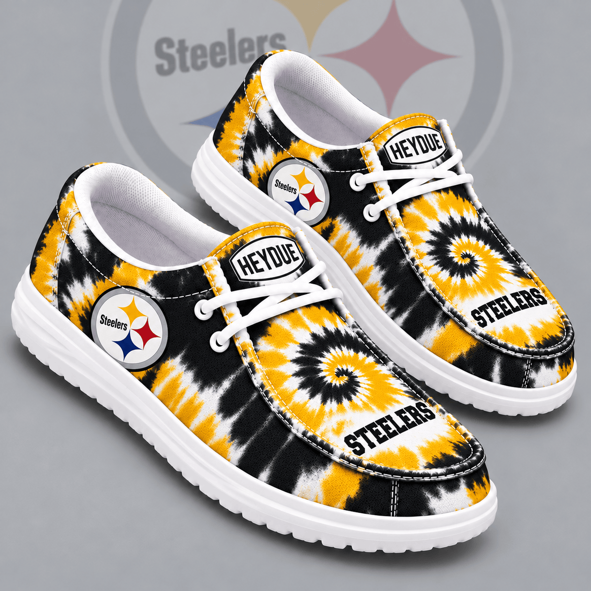 Pittsburgh Steelers | Premium NFL Spiral Tie Dye Print HEYDUDE Casual Loafers With Team Logo And Lightweight Comfort Sole NDN cover