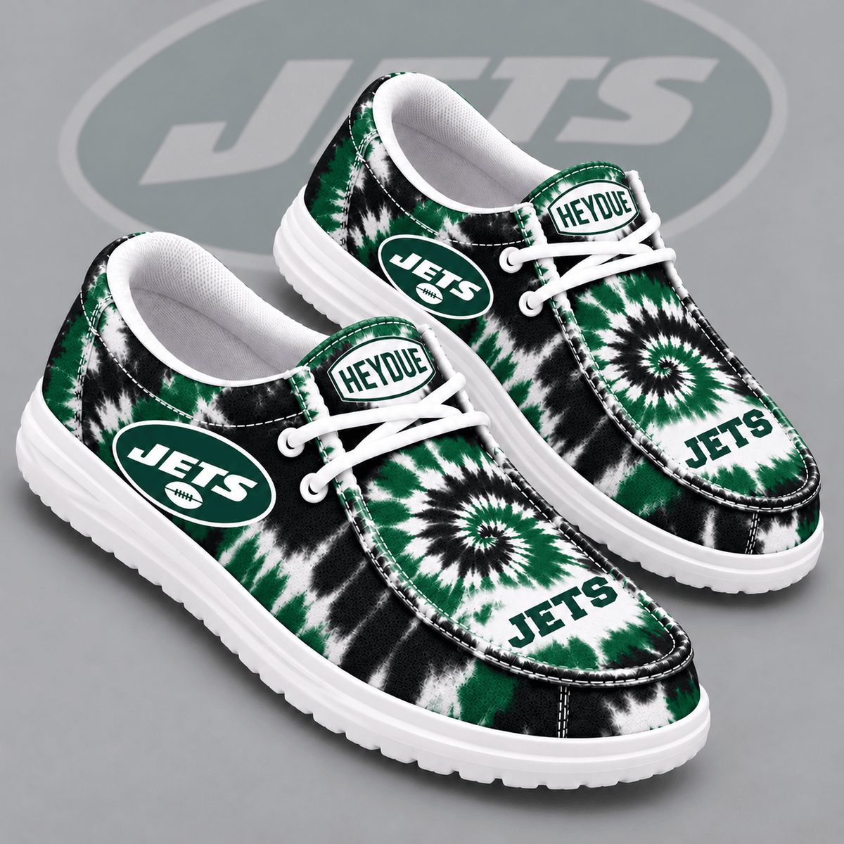 New York Jets | Premium NFL Spiral Tie Dye Print HEYDUDE Casual Loafers With Team Logo And Lightweight Comfort Sole NDN cover