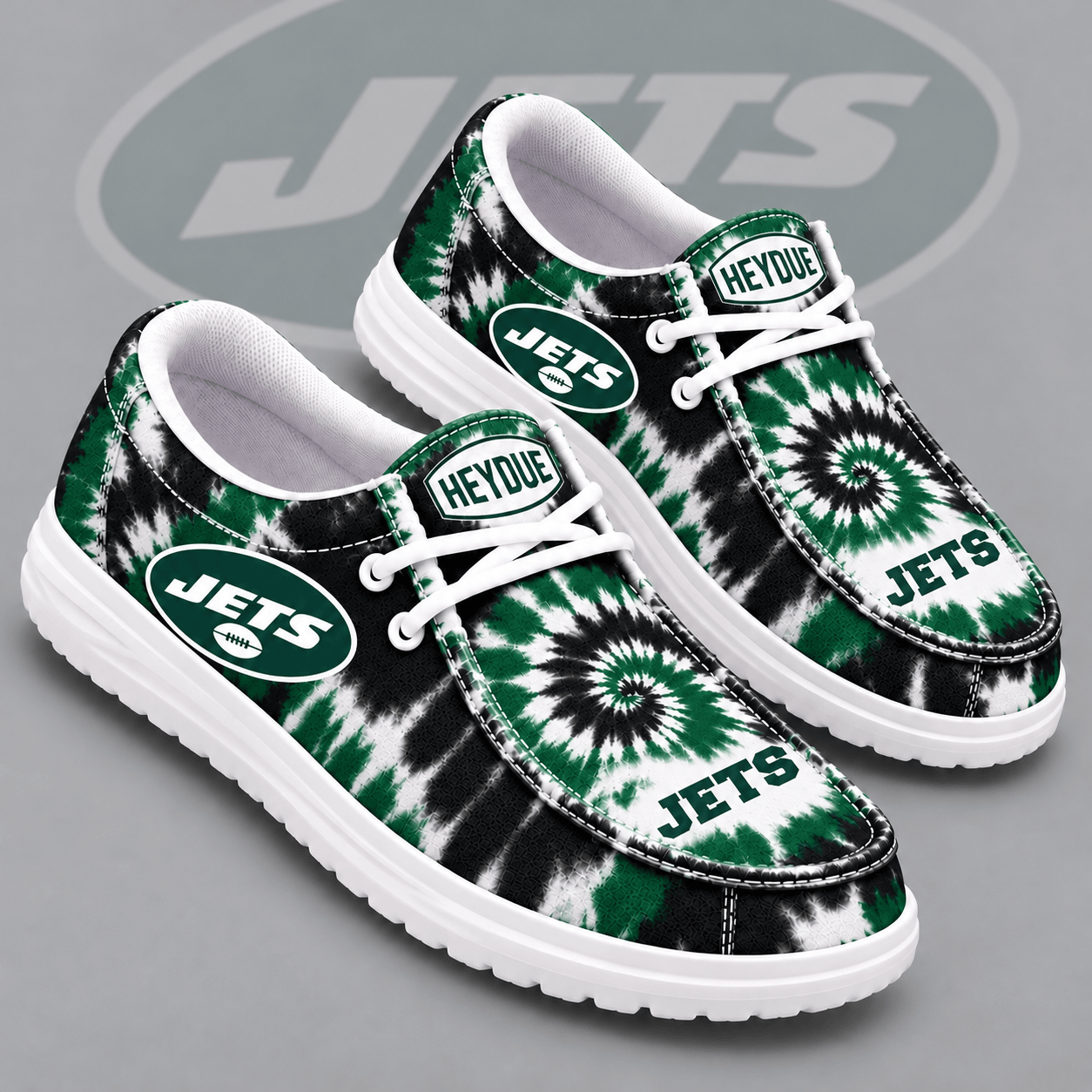 New York Jets | Premium NFL Spiral Tie Dye Print HEYDUDE Casual Loafers With Team Logo And Lightweight Comfort Sole NDN cover