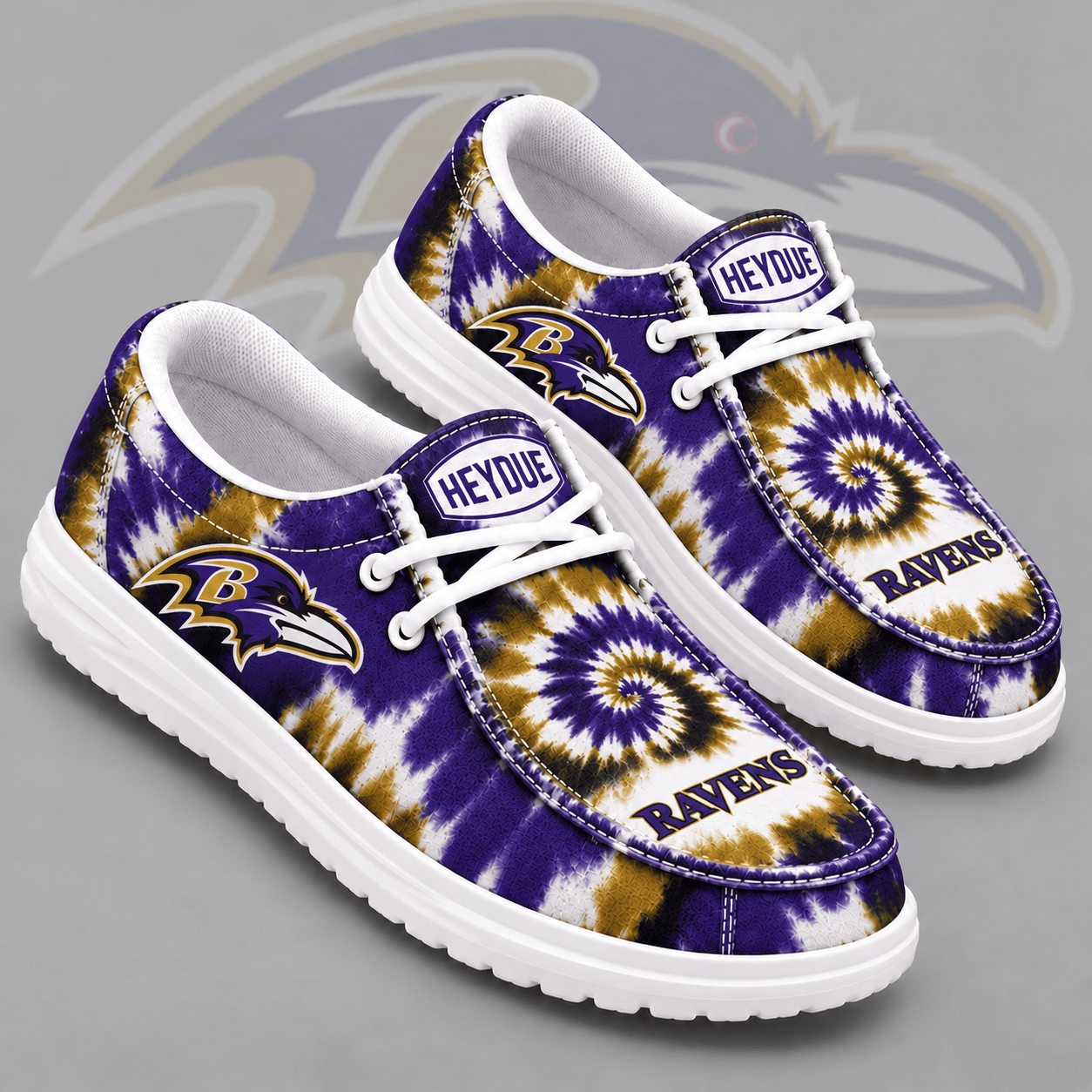 Baltimore Ravens | Premium NFL Spiral Tie Dye Print HEYDUDE Casual Loafers With Team Logo And Lightweight Comfort Sole NDN cover