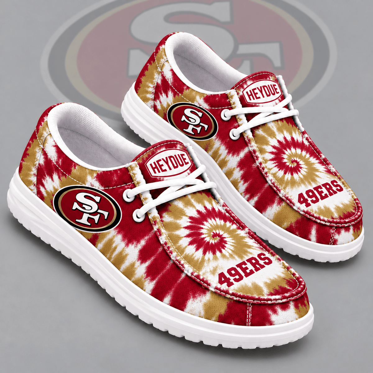 San Francisco 49ers | Premium NFL Spiral Tie Dye Print HEYDUDE Casual Loafers With Team Logo And Lightweight Comfort Sole NDN cover