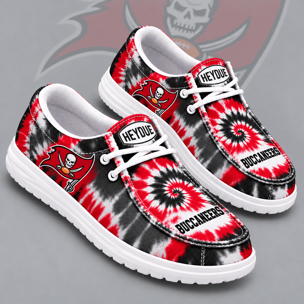 Tampa Bay Buccaneers | Premium NFL Spiral Tie Dye Print HEYDUDE Casual Loafers With Team Logo And Lightweight Comfort Sole NDN cover