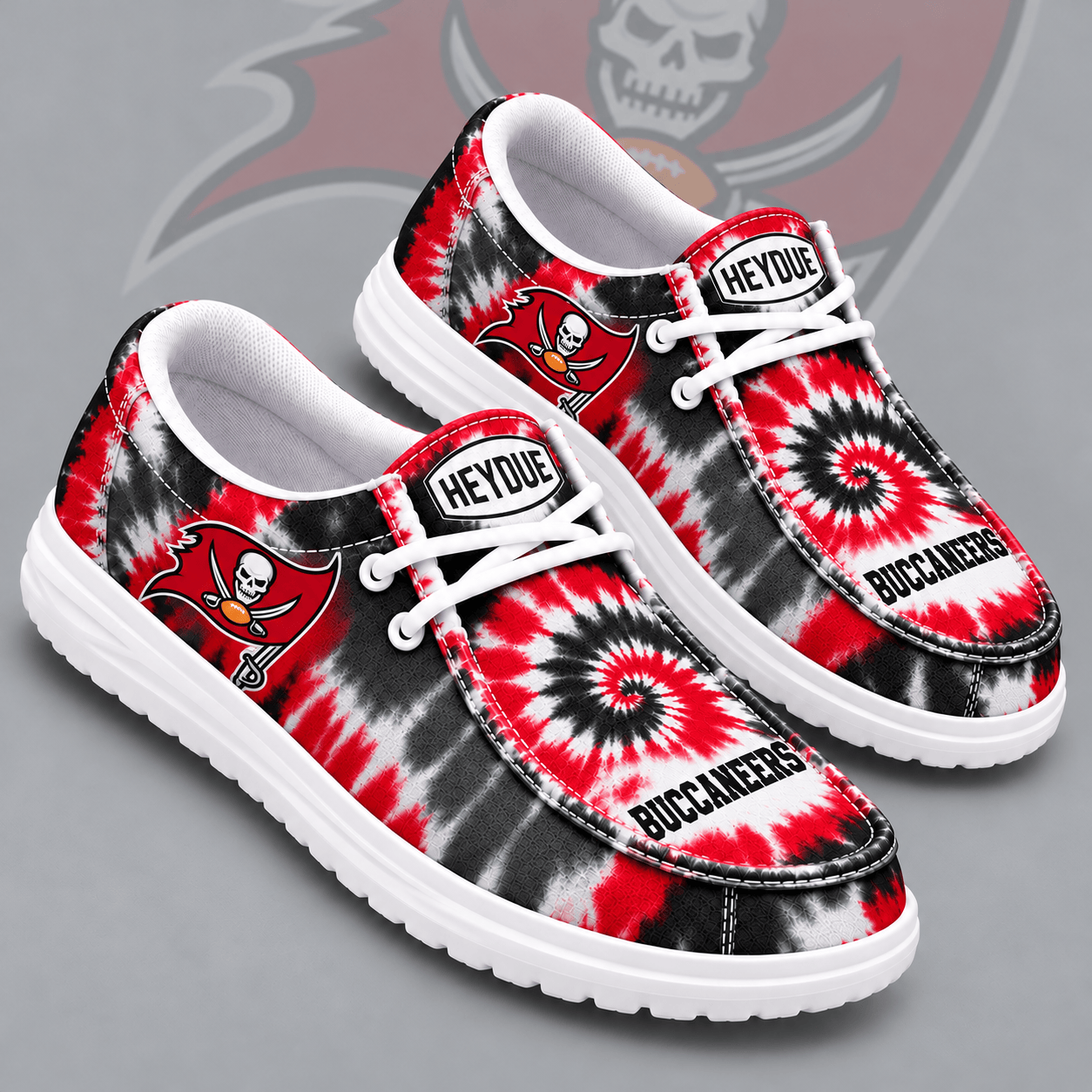 Tampa Bay Buccaneers | Premium NFL Spiral Tie Dye Print HEYDUDE Casual Loafers With Team Logo And Lightweight Comfort Sole NDN cover