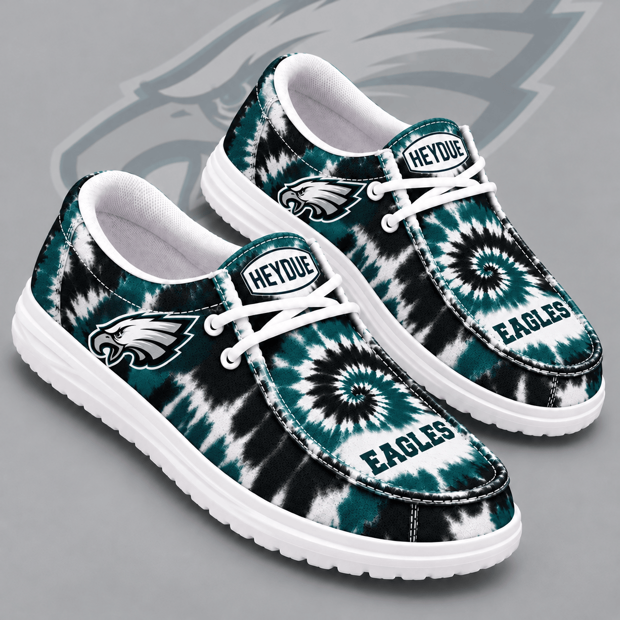 Philadelphia Eagles | Premium NFL Spiral Tie Dye Print HEYDUDE Casual Loafers With Team Logo And Lightweight Comfort Sole NDN cover