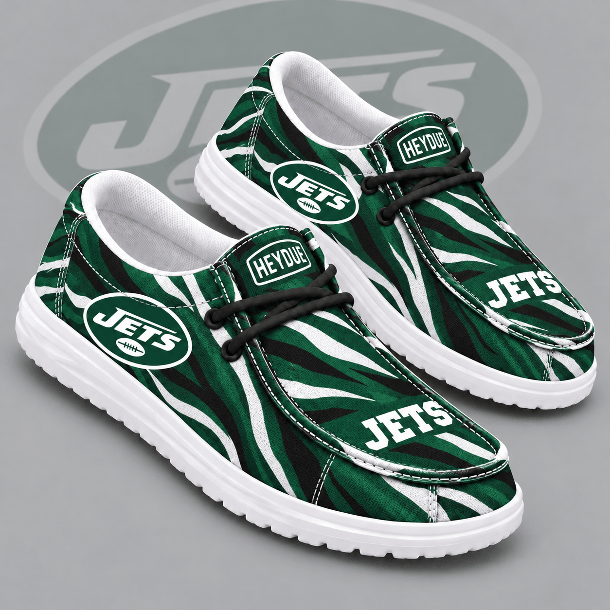 New York Jets | Premium NFL Wild Zebra Stripe Print HEYDUDE Casual Loafers With Team Logo And Lightweight Comfort Sole NDN cover