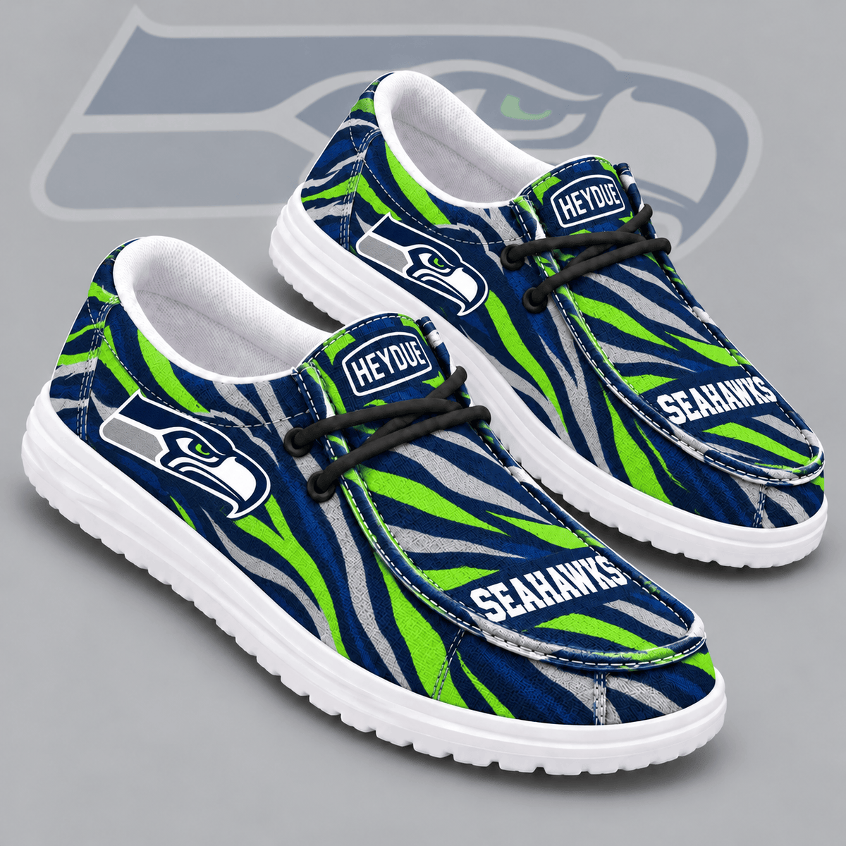 Seattle Seahawks | Premium NFL Wild Zebra Stripe Print HEYDUDE Casual Loafers With Team Logo And Lightweight Comfort Sole NDN cover