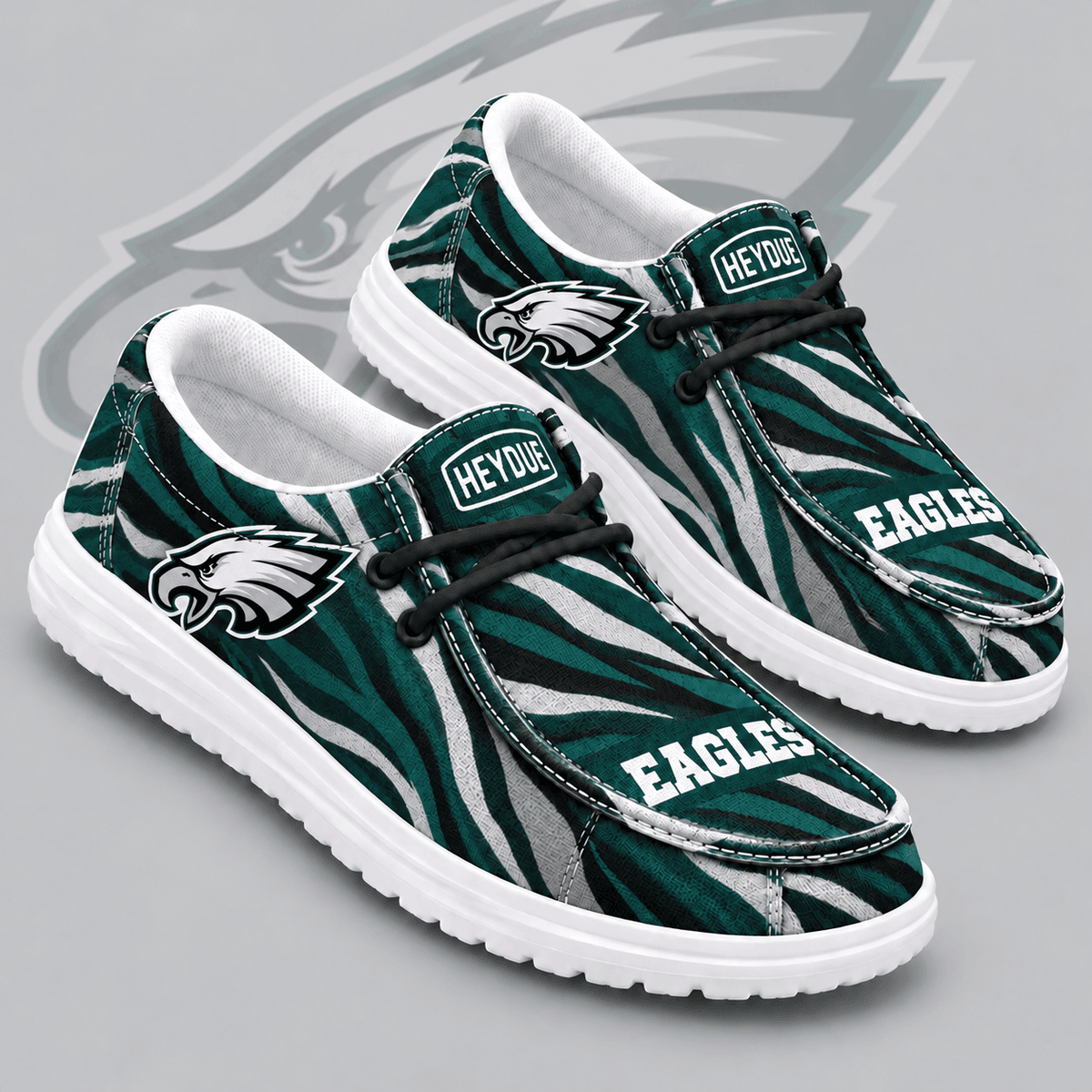 Philadelphia Eagles | Premium NFL Wild Zebra Stripe Print HEYDUDE Casual Loafers With Team Logo And Lightweight Comfort Sole NDN cover