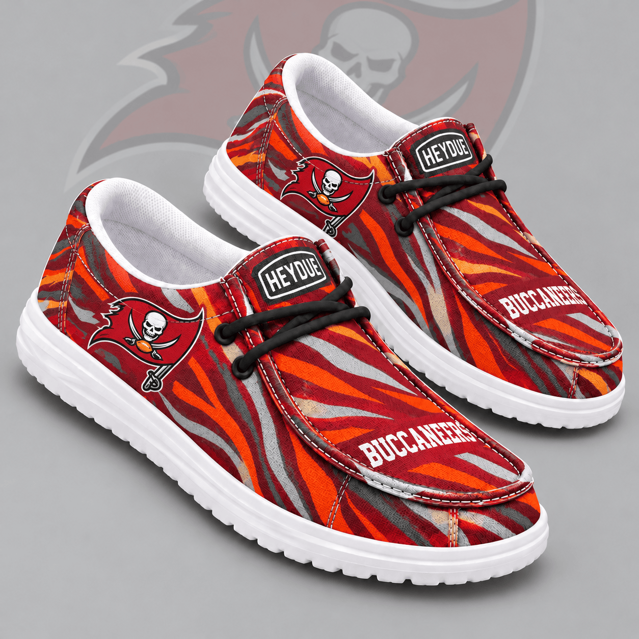 Tampa Bay Buccaneers | Premium NFL Wild Zebra Stripe Print HEYDUDE Casual Loafers With Team Logo And Lightweight Comfort Sole NDN cover