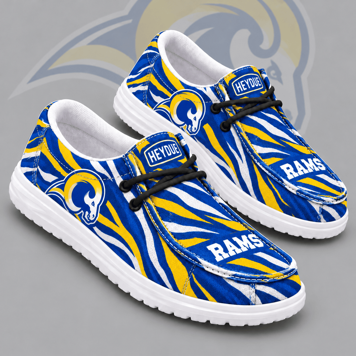Los Angeles Rams | Premium NFL Wild Zebra Stripe Print HEYDUDE Casual Loafers With Team Logo And Lightweight Comfort Sole NDN cover