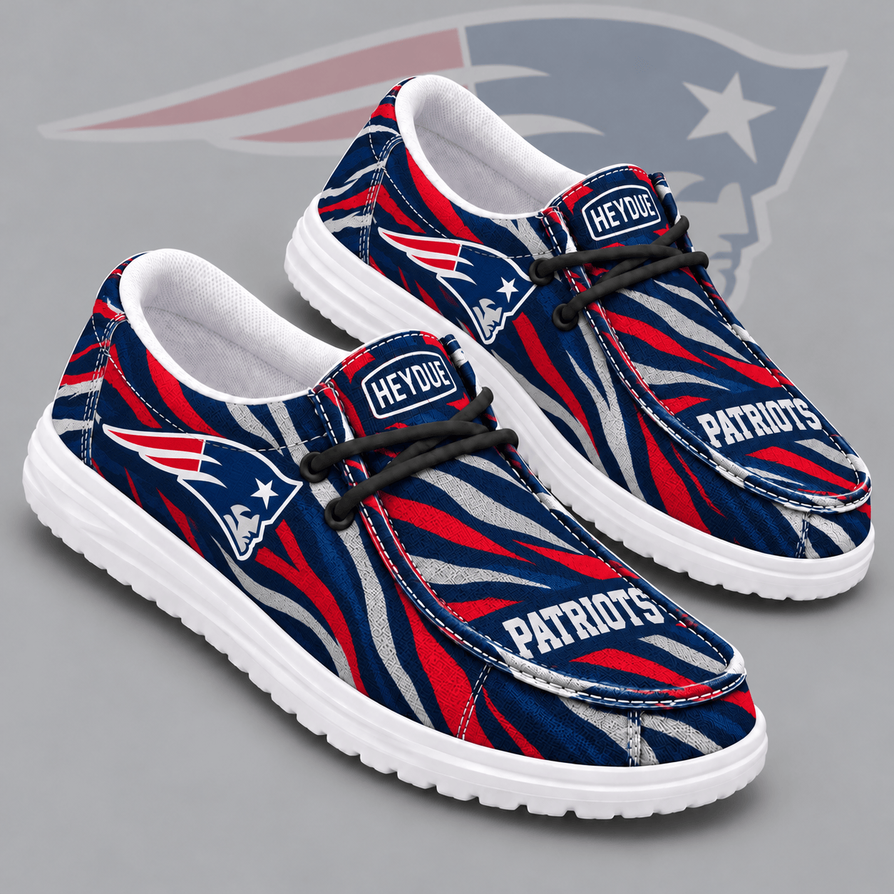 New England Patriots | Premium NFL Wild Zebra Stripe Print HEYDUDE Casual Loafers With Team Logo And Lightweight Comfort Sole NDN cover