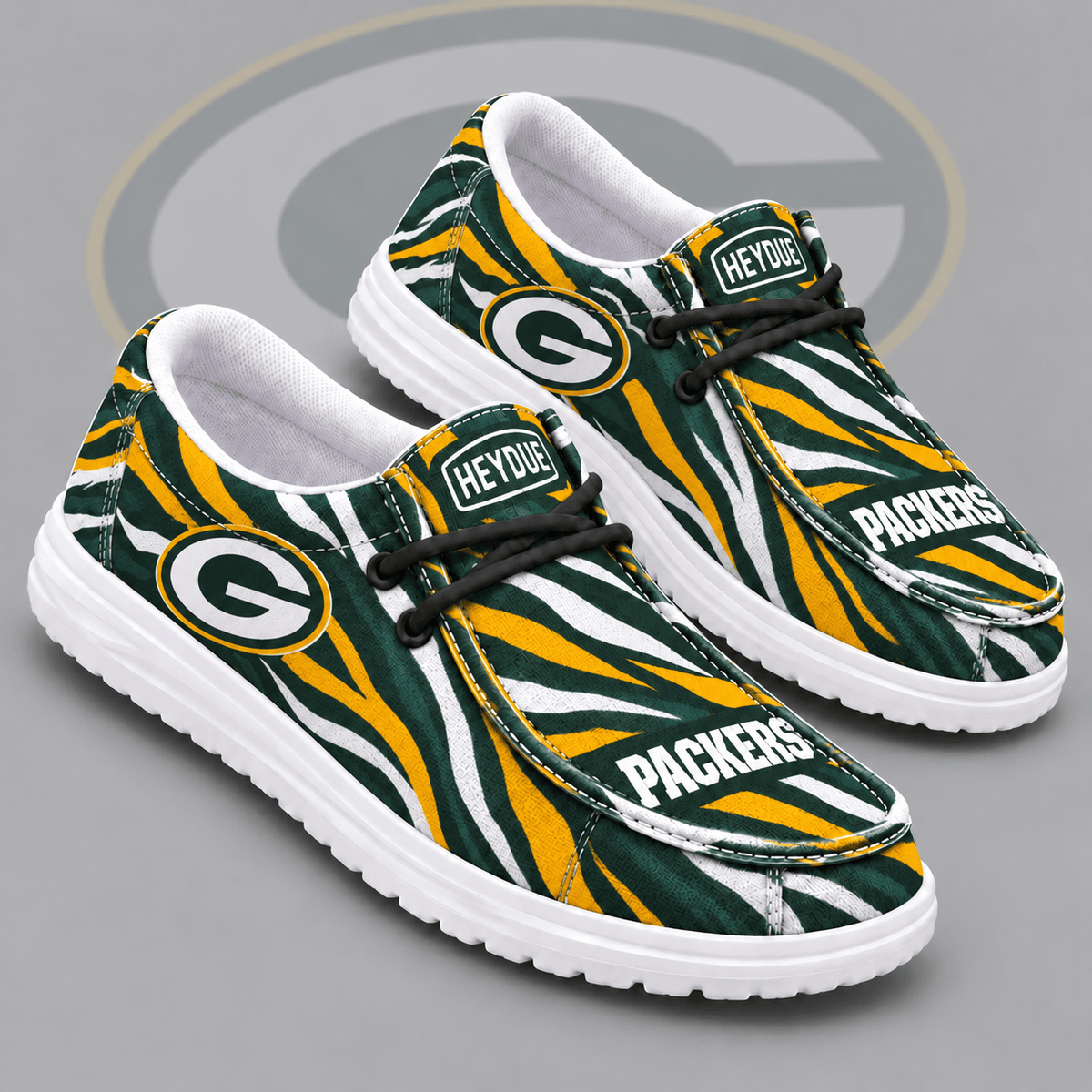 Green Bay Packers | Premium NFL Wild Zebra Stripe Print HEYDUDE Casual Loafers With Team Logo And Lightweight Comfort Sole NDN cover