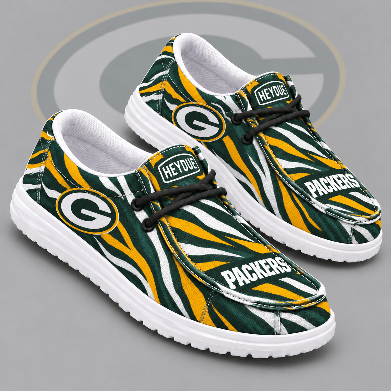 Green Bay Packers | Premium NFL Wild Zebra Stripe Print HEYDUDE Casual Loafers With Team Logo And Lightweight Comfort Sole NDN cover