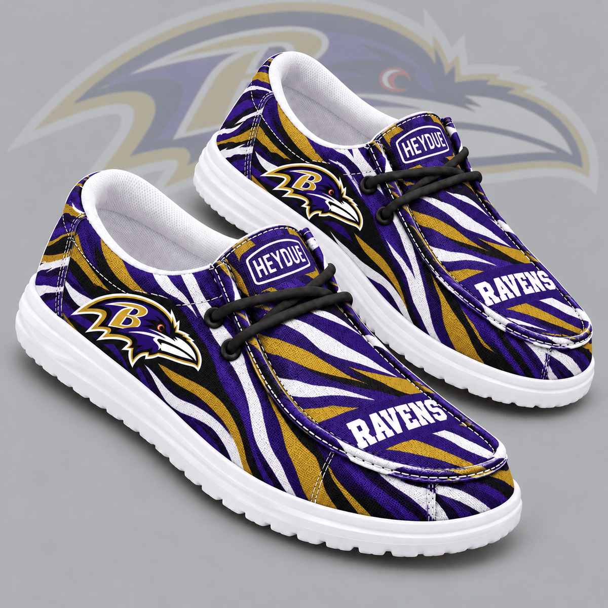 Baltimore Ravens | Premium NFL Wild Zebra Stripe Print HEYDUDE Casual Loafers With Team Logo And Lightweight Comfort Sole NDN cover