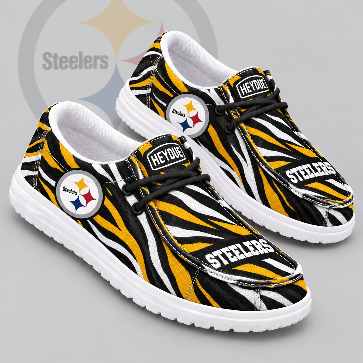 Pittsburgh Steelers | Premium NFL Wild Zebra Stripe Print HEYDUDE Casual Loafers With Team Logo And Lightweight Comfort Sole NDN cover