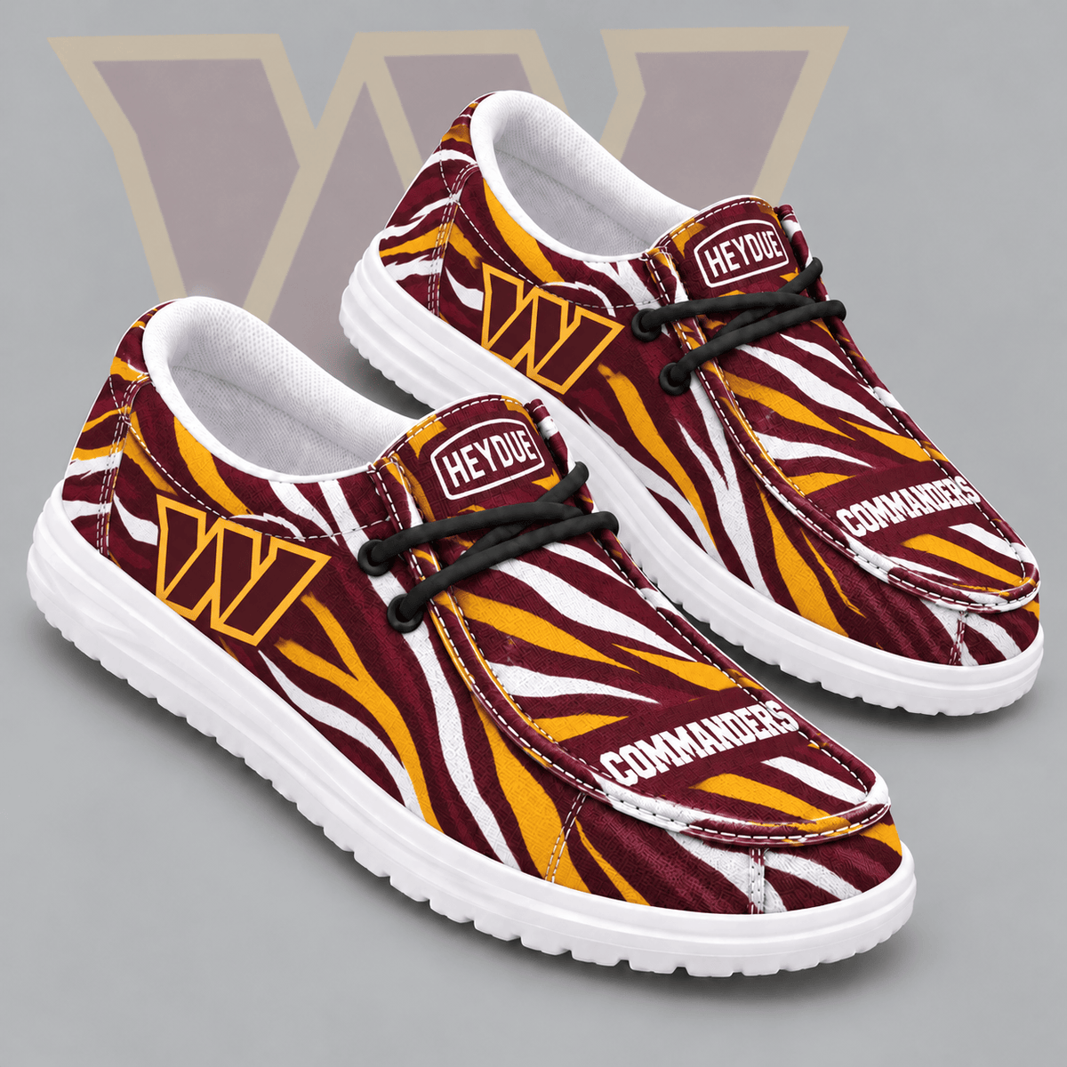 Washington Commanders | Premium NFL Wild Zebra Stripe Print HEYDUDE Casual Loafers With Team Logo And Lightweight Comfort Sole NDN cover