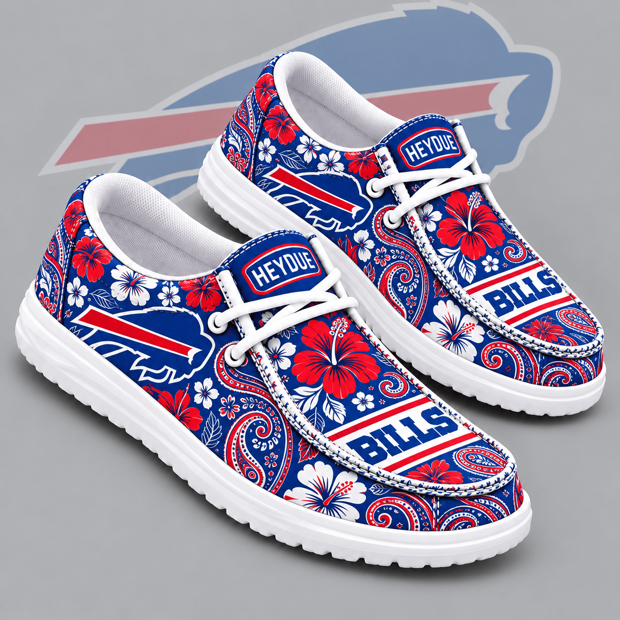 Buffalo Bills | Premium NFL Vintage Paisley Floral Bandana Print HEYDUDE Casual Loafers With Team Logo And Lightweight Comfort Sole NDN cover