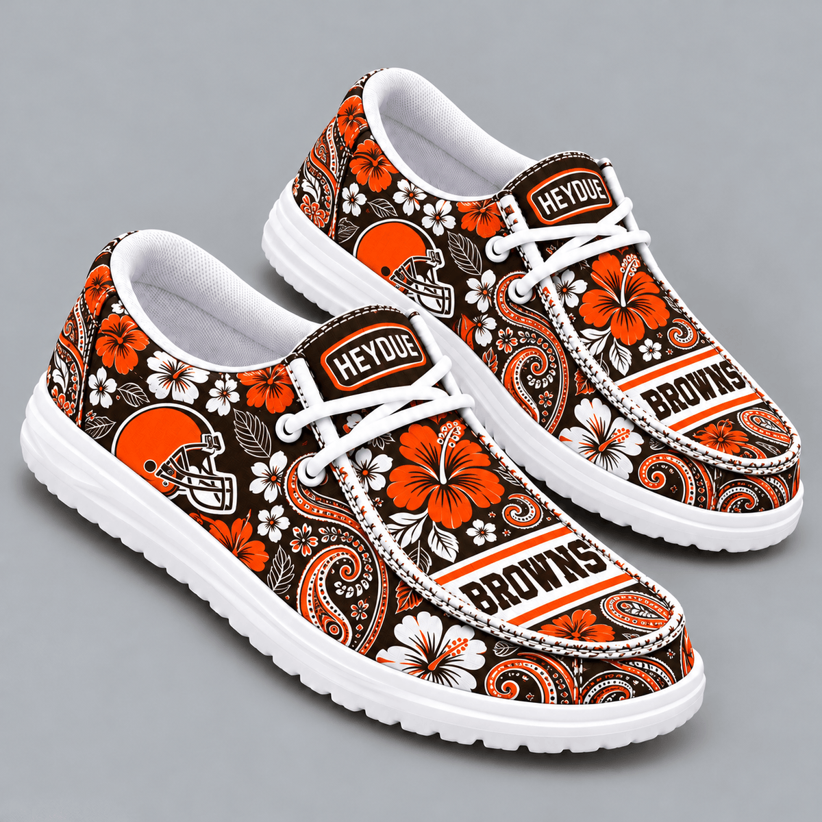 Cleveland Browns | Premium NFL Vintage Paisley Floral Bandana Print HEYDUDE Casual Loafers With Team Logo And Lightweight Comfort Sole NDN cover