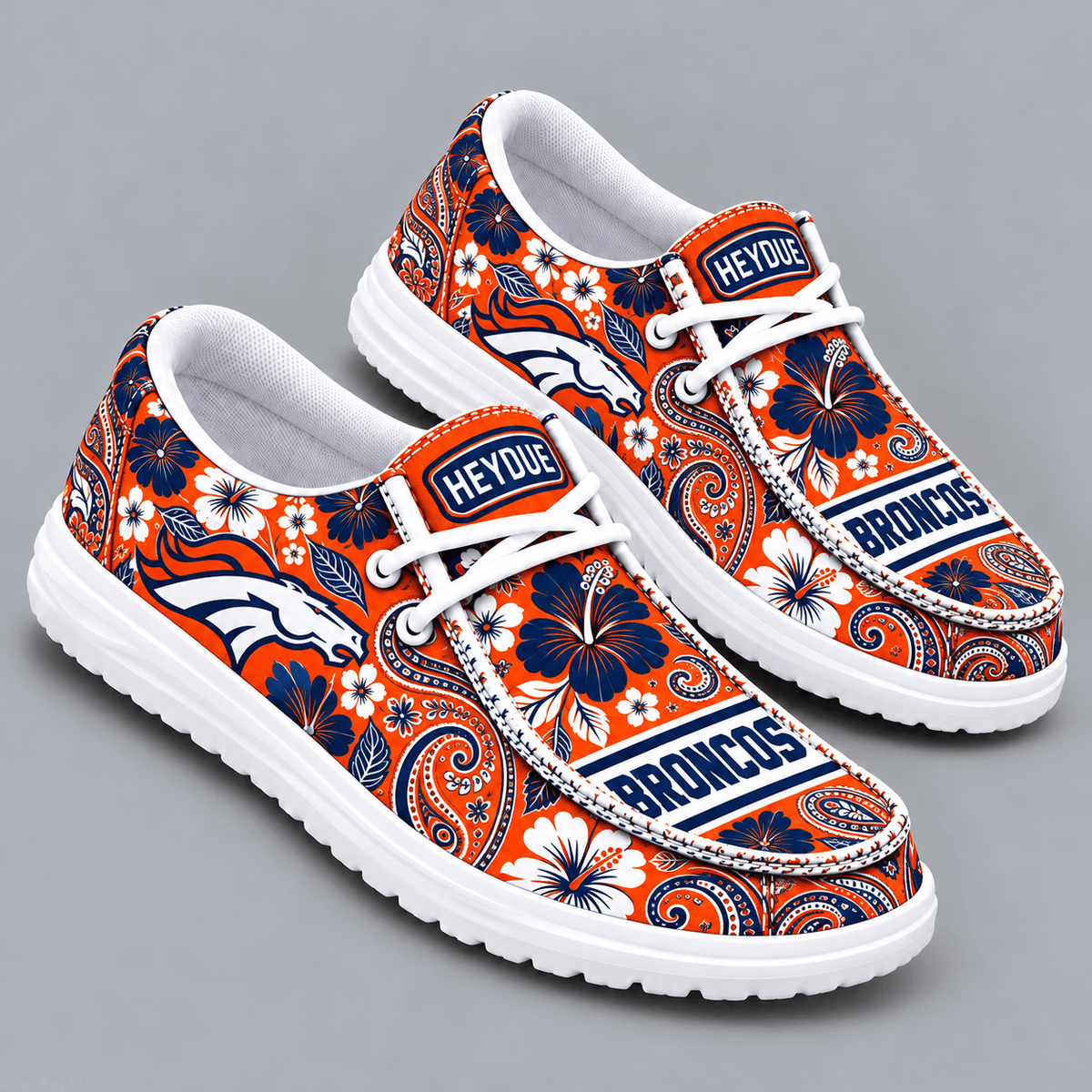 Denver Broncos | Premium NFL Vintage Paisley Floral Bandana Print HEYDUDE Casual Loafers With Team Logo And Lightweight Comfort Sole NDN cover