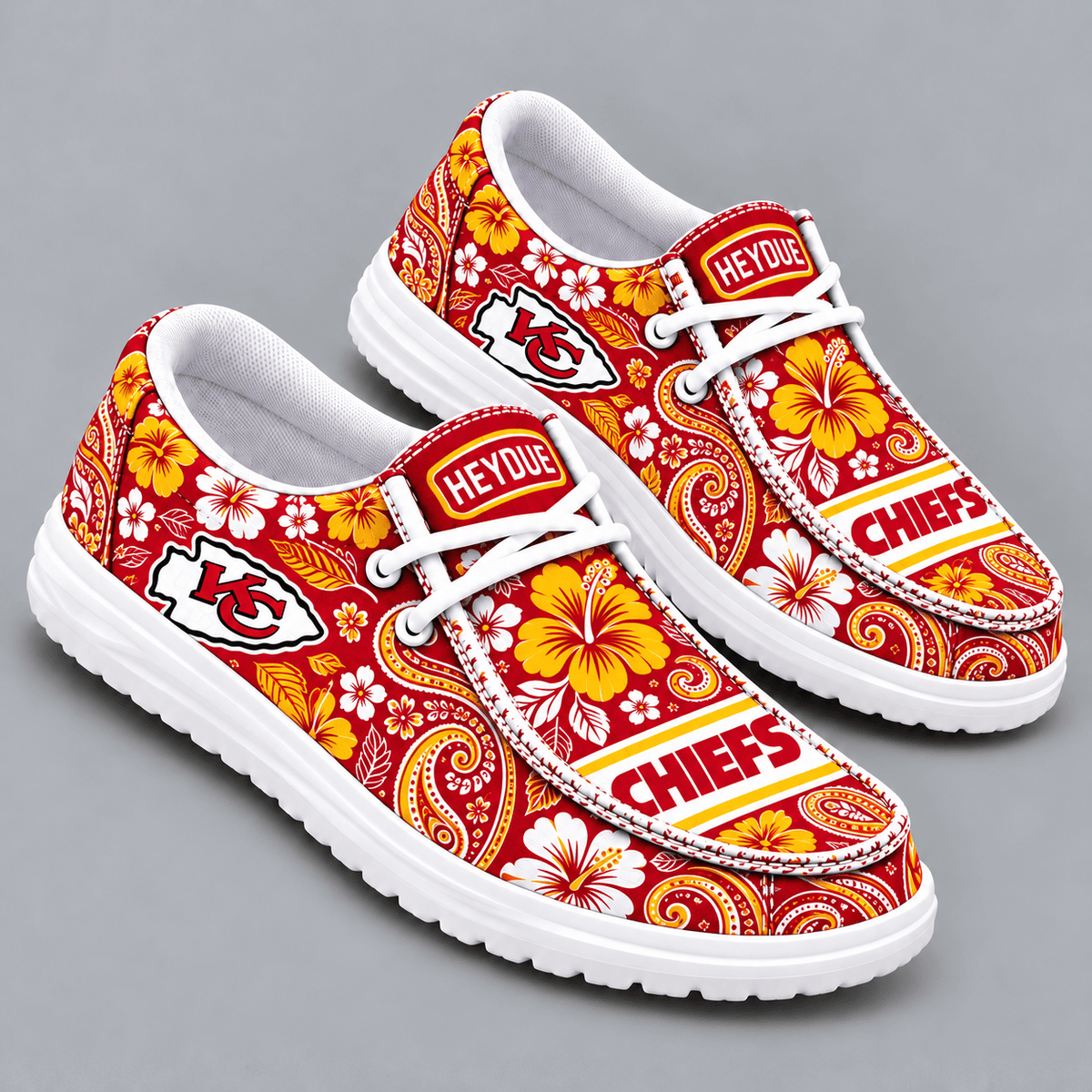 Kansas City Chiefs | Premium NFL Vintage Paisley Floral Bandana Print HEYDUDE Casual Loafers With Team Logo And Lightweight Comfort Sole NDN cover
