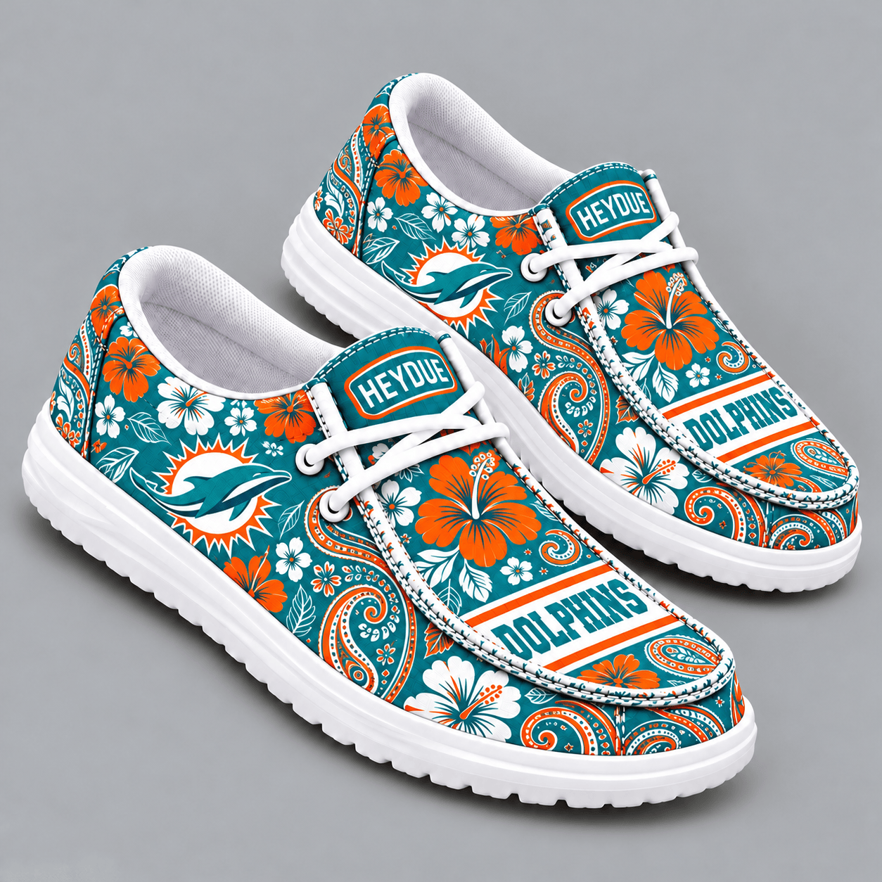 Miami Dolphins | Premium NFL Vintage Paisley Floral Bandana Print HEYDUDE Casual Loafers With Team Logo And Lightweight Comfort Sole NDN cover
