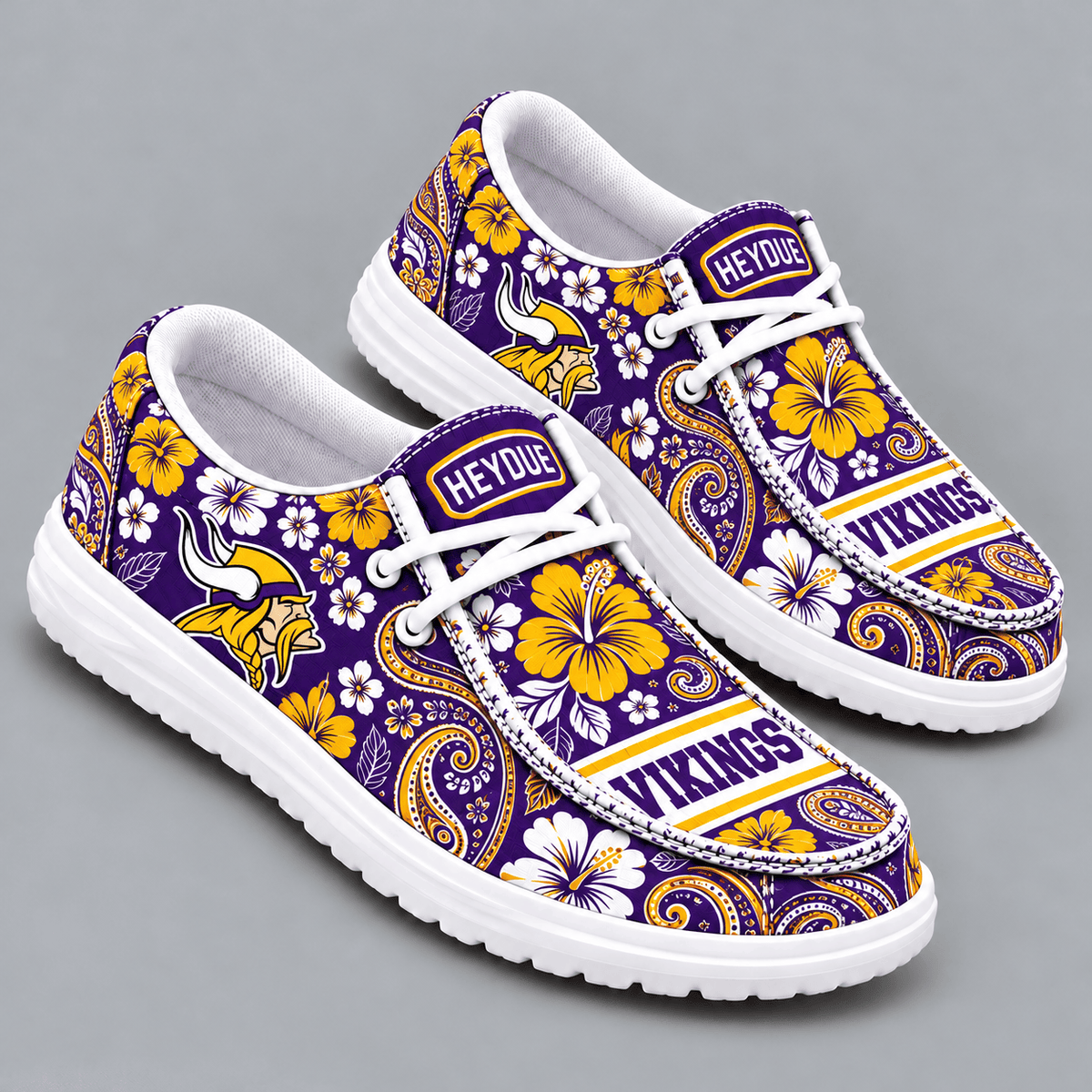 Minnesota Vikings | Premium NFL Vintage Paisley Floral Bandana Print HEYDUDE Casual Loafers With Team Logo And Lightweight Comfort Sole NDN cover