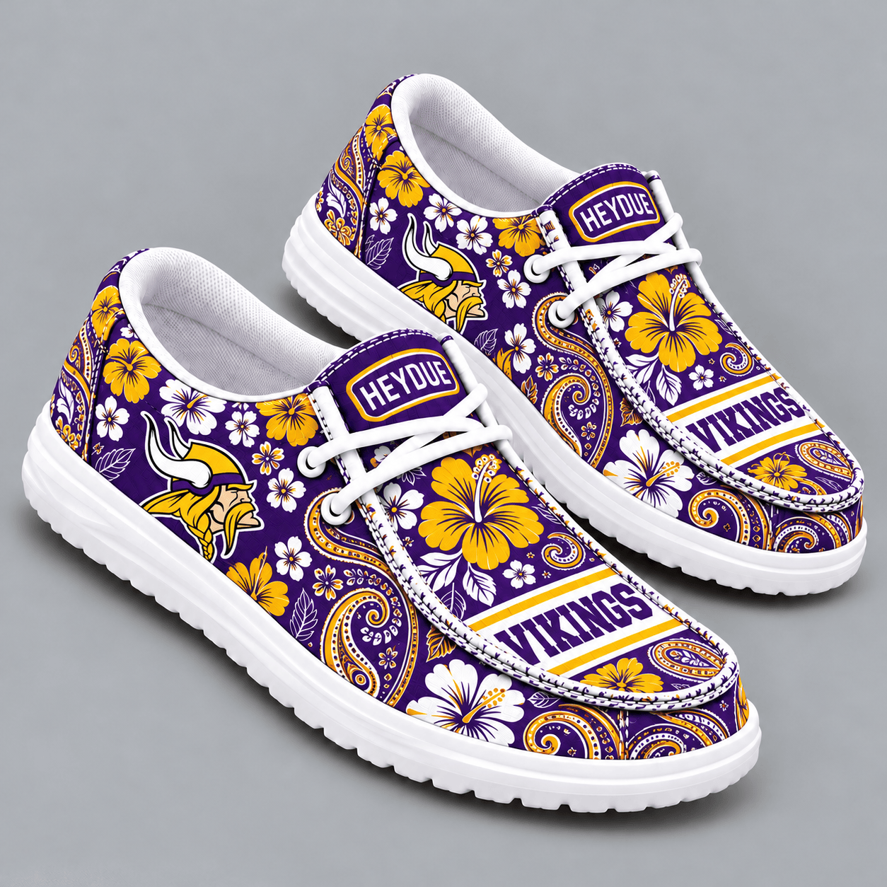 Minnesota Vikings | Premium NFL Vintage Paisley Floral Bandana Print HEYDUDE Casual Loafers With Team Logo And Lightweight Comfort Sole NDN cover