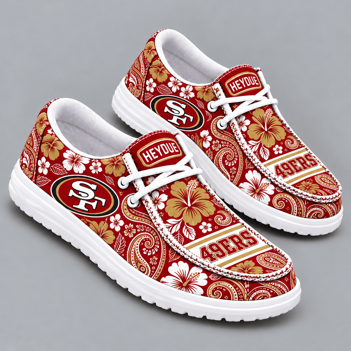 San Francisco 49ers | Premium NFL Vintage Paisley Floral Bandana Print HEYDUDE Casual Loafers With Team Logo And Lightweight Comfort Sole NDN cover