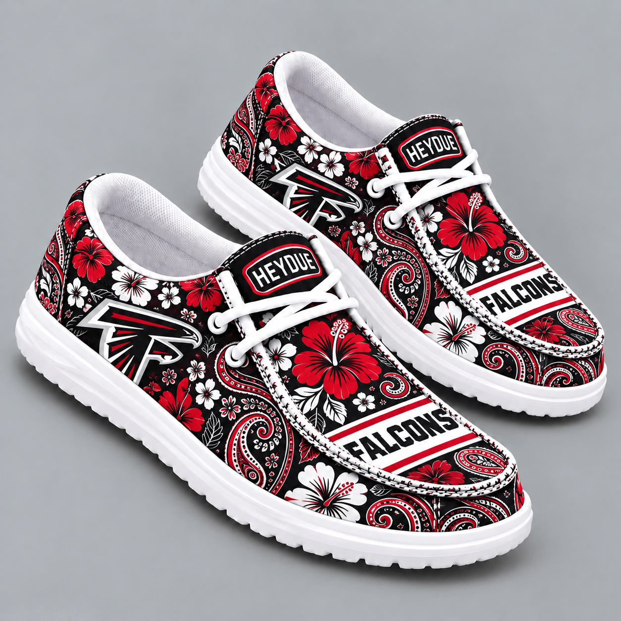 Atlanta Falcons | Premium NFL Vintage Paisley Floral Bandana Print HEYDUDE Casual Loafers With Team Logo And Lightweight Comfort Sole NDN cover