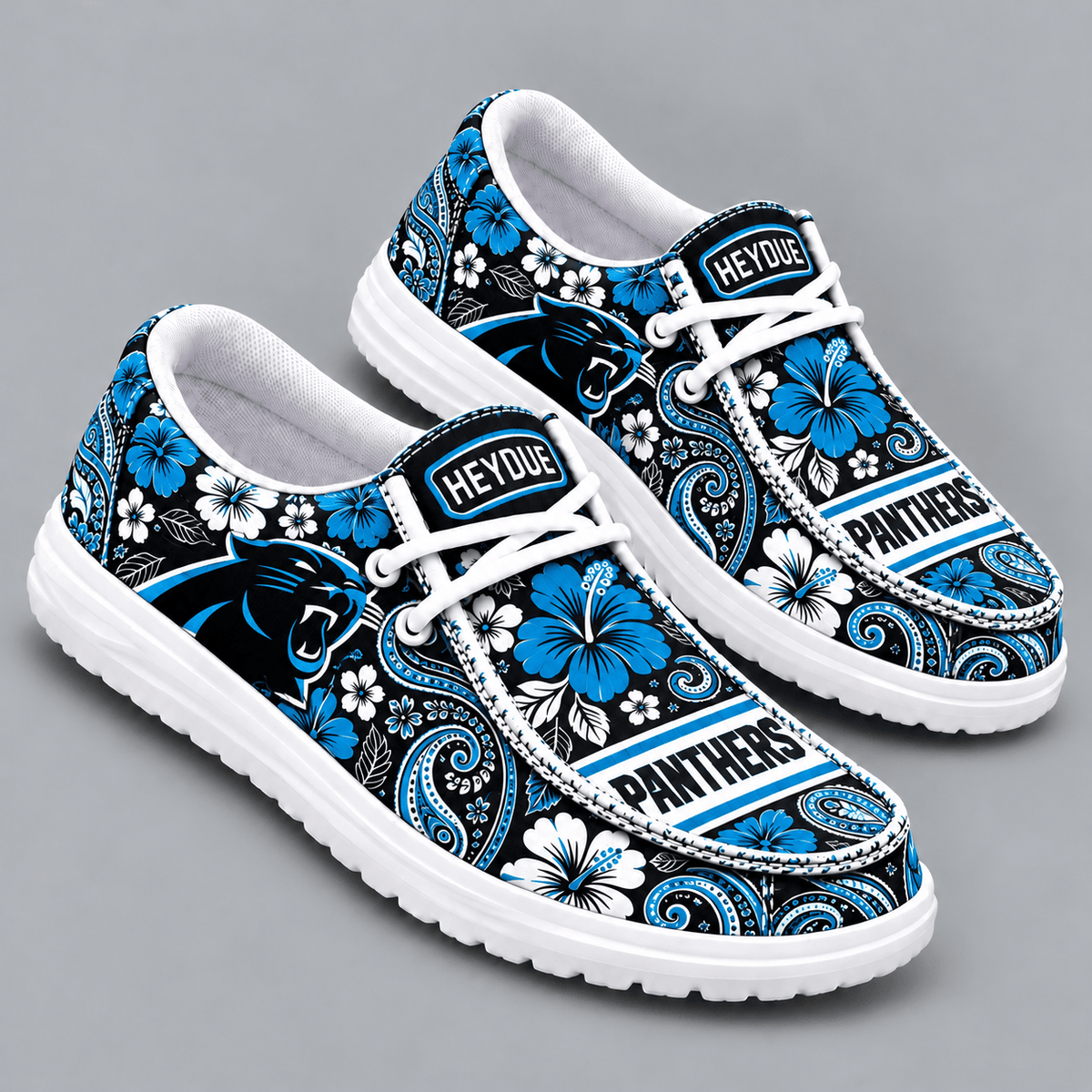Carolina Panthers | Premium NFL Vintage Paisley Floral Bandana Print HEYDUDE Casual Loafers With Team Logo And Lightweight Comfort Sole NDN cover