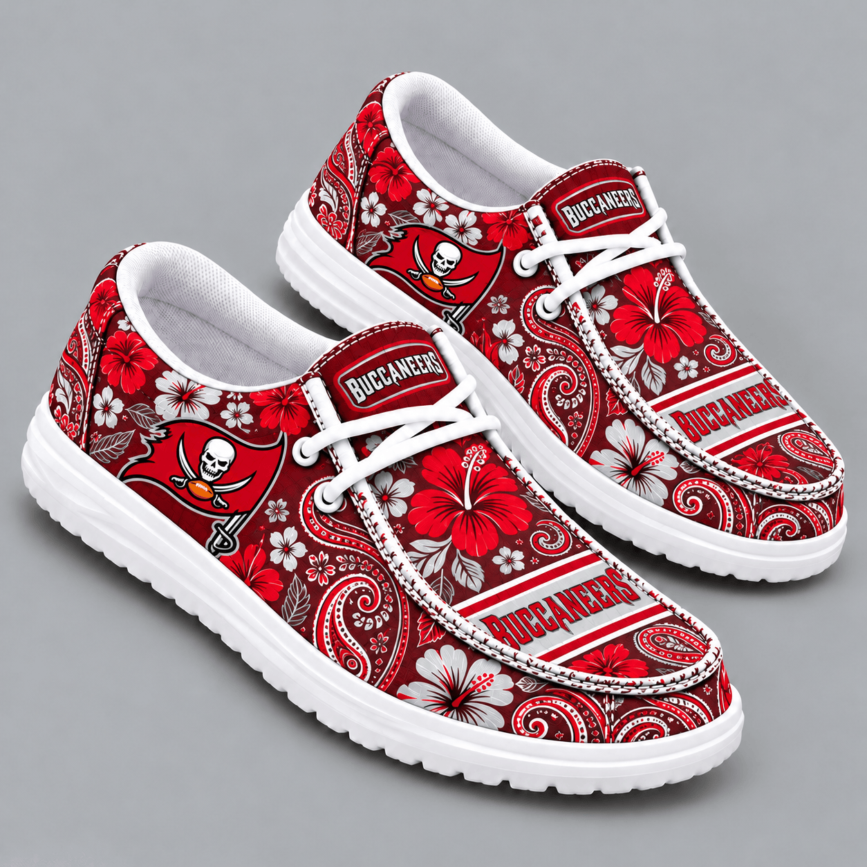Tampa Bay Buccaneers | Premium NFL Vintage Paisley Floral Bandana Print HEYDUDE Casual Loafers With Team Logo And Lightweight Comfort Sole NDN cover