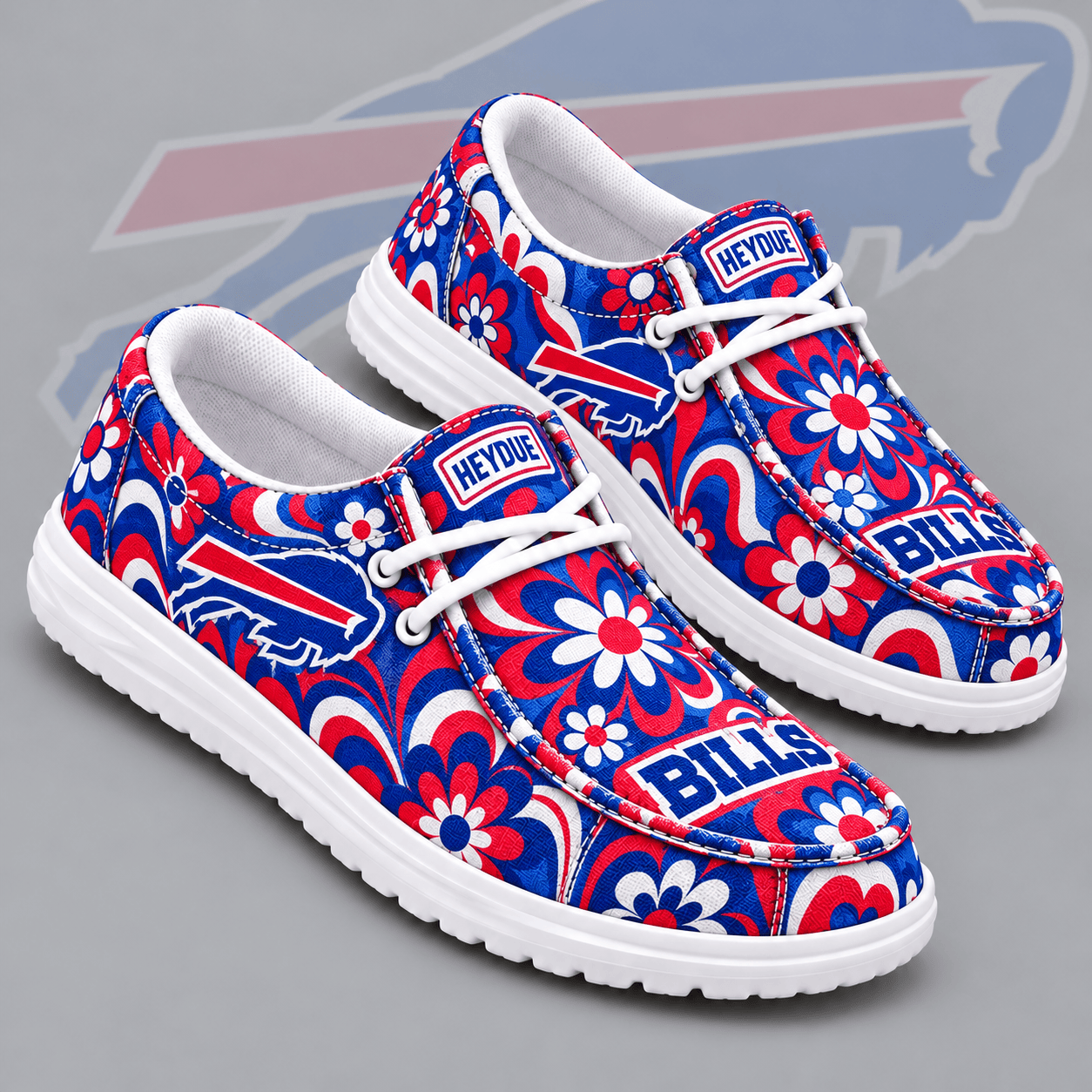 Buffalo Bills | Premium NFL Retro Groovy Floral Swirl Print HEYDUDE Casual Loafers With Team Logo And Lightweight Comfort Sole NDN cover