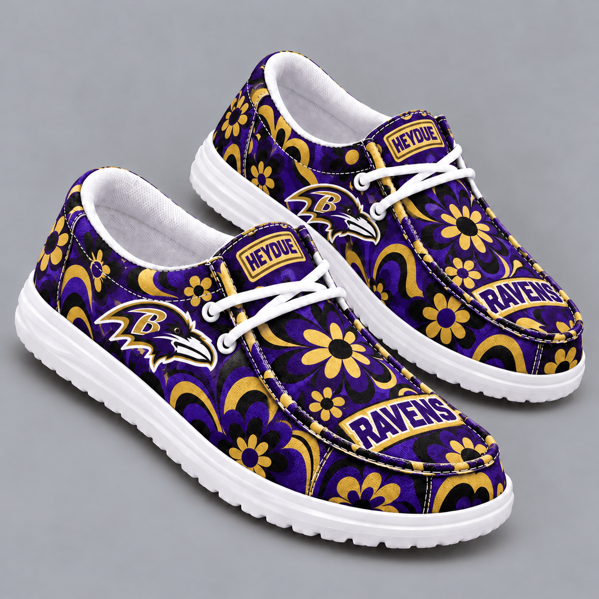 Baltimore Ravens | Premium NFL Retro Groovy Floral Swirl Print HEYDUDE Casual Loafers With Team Logo And Lightweight Comfort Sole NDN cover