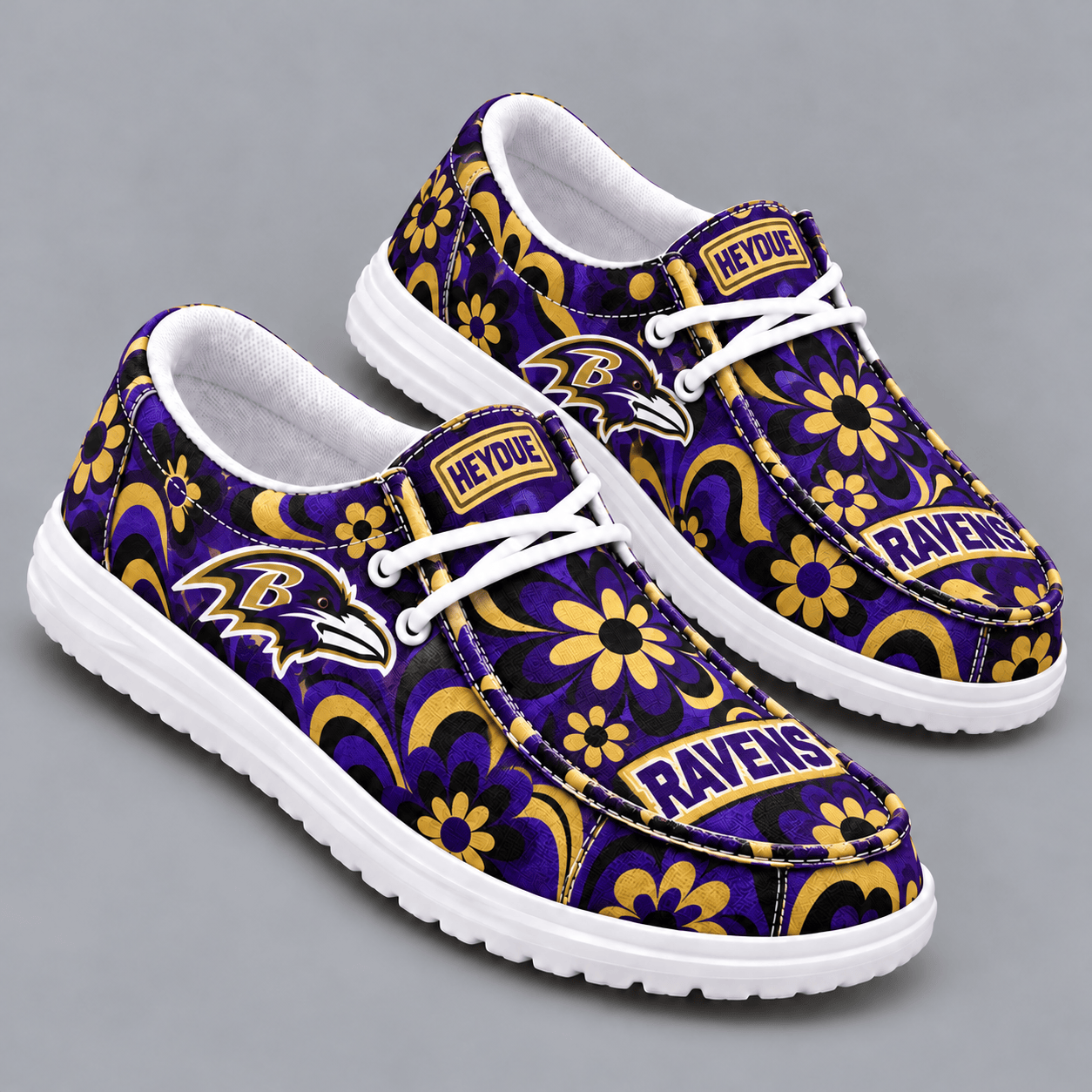 Baltimore Ravens | Premium NFL Retro Groovy Floral Swirl Print HEYDUDE Casual Loafers With Team Logo And Lightweight Comfort Sole NDN cover