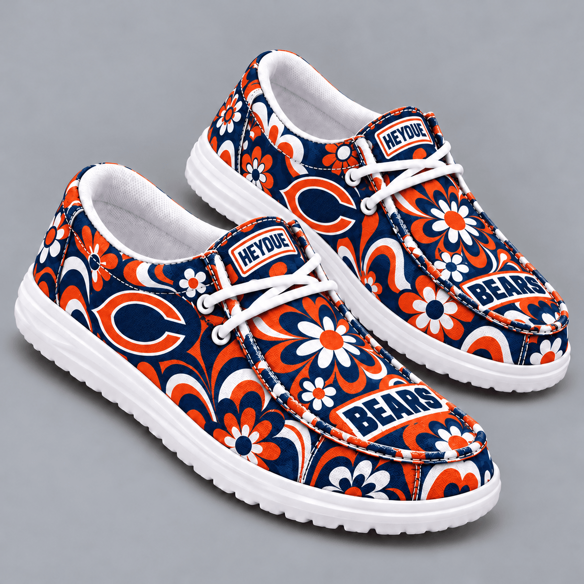 Chicago Bears | Premium NFL Retro Groovy Floral Swirl Print HEYDUDE Casual Loafers With Team Logo And Lightweight Comfort Sole NDN cover