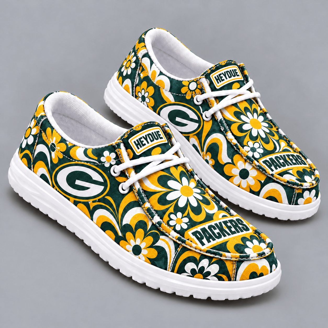 Green Bay Packers | Premium NFL Retro Groovy Floral Swirl Print HEYDUDE Casual Loafers With Team Logo And Lightweight Comfort Sole NDN cover